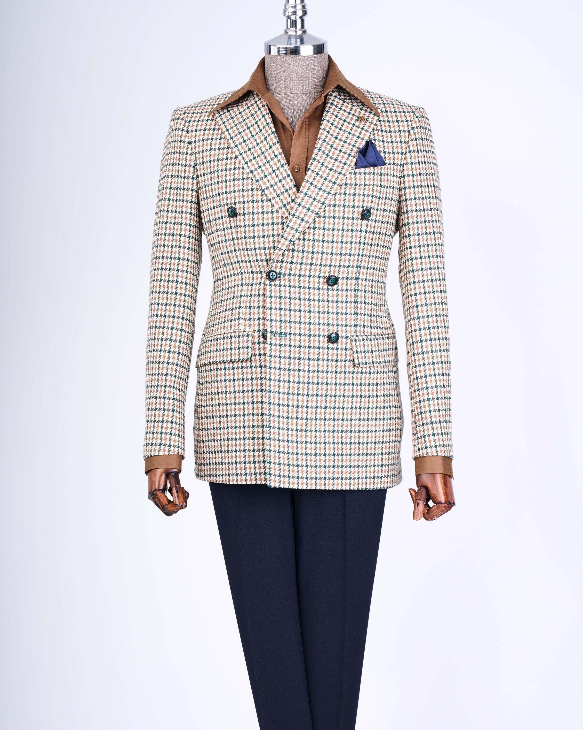 Beige Plaid Double Breasted Blazer