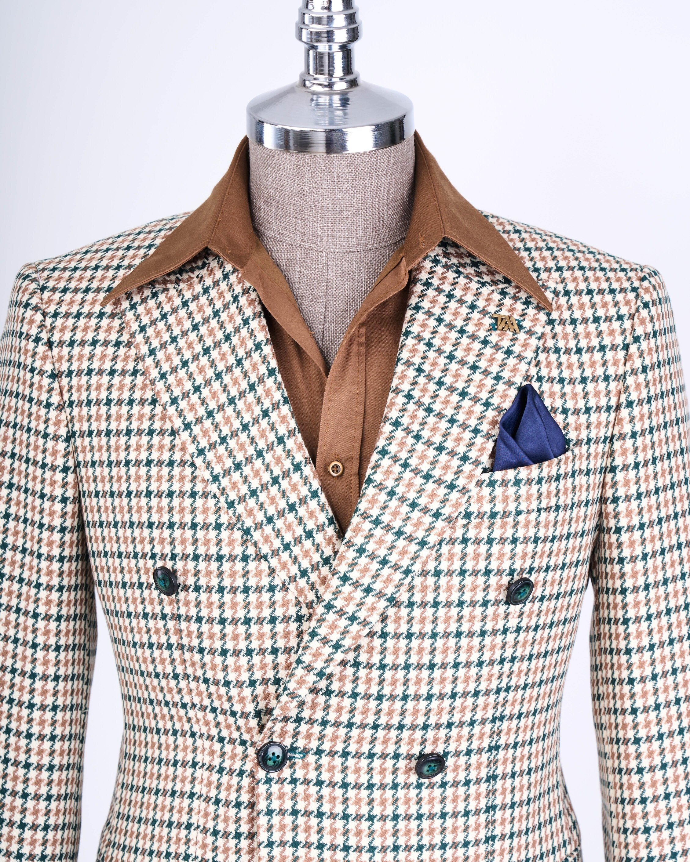 Beige Plaid Double Breasted Blazer
