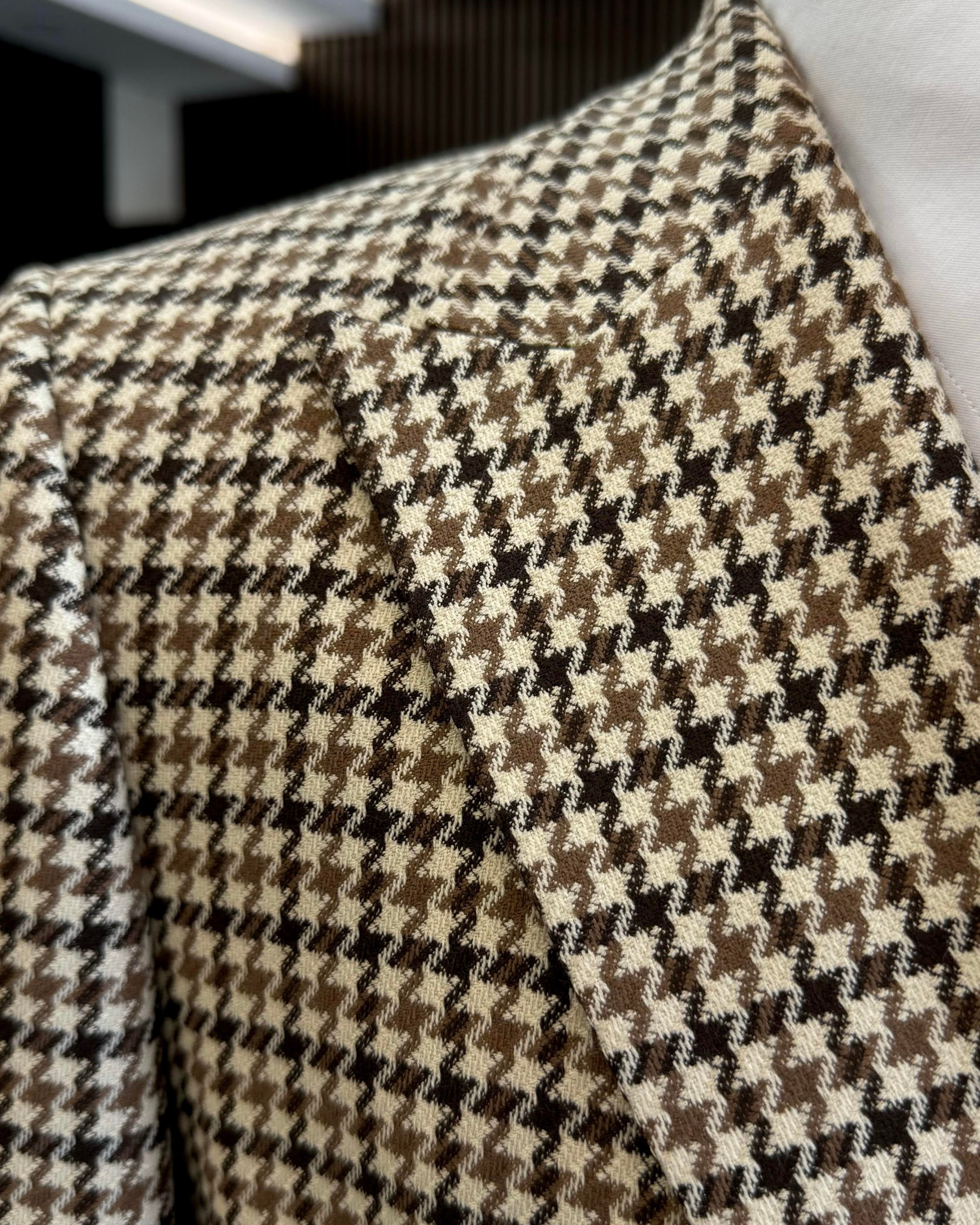 Beige Plaid Double Breasted Blazer