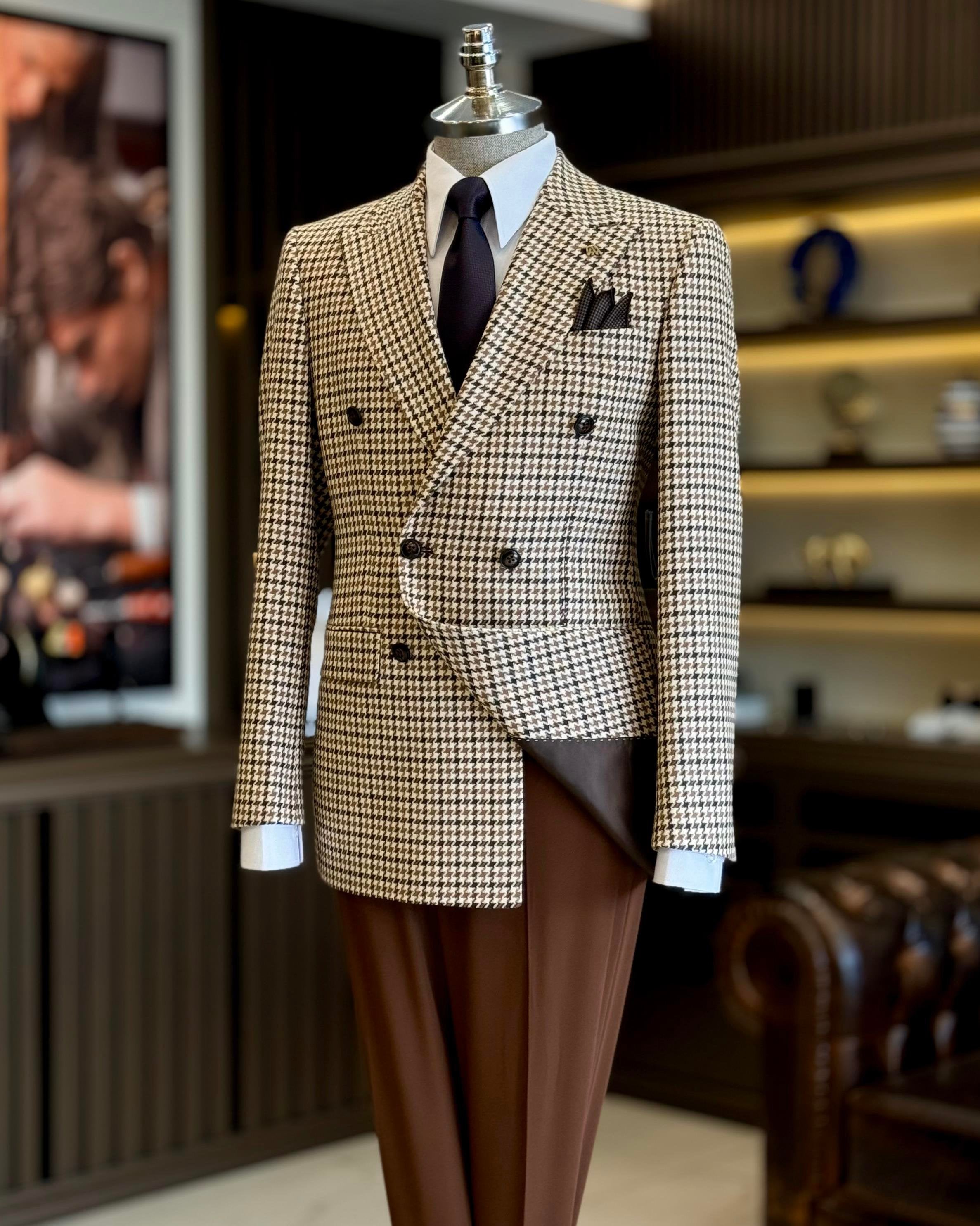Beige Plaid Double Breasted Blazer