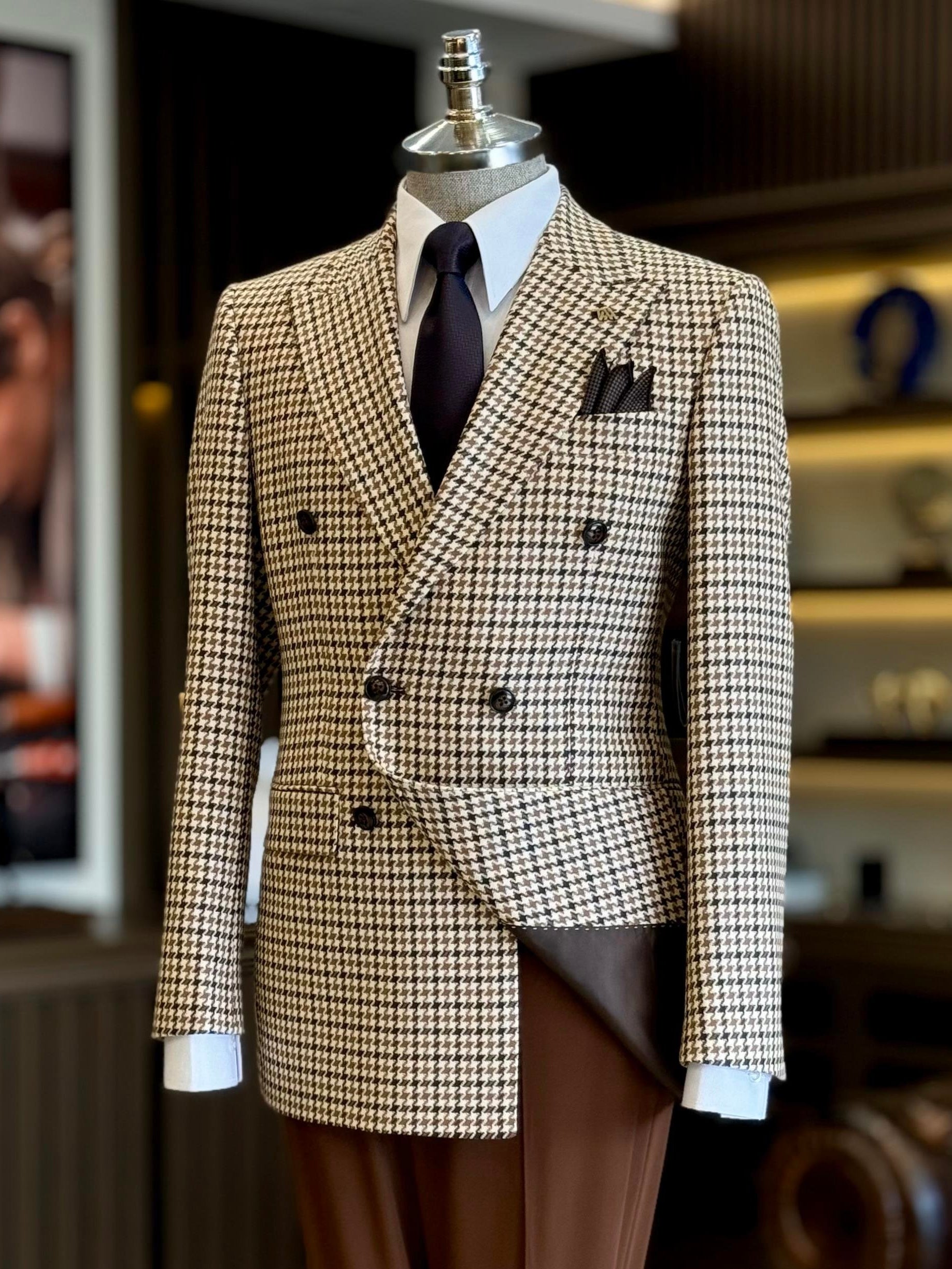 Beige Plaid Double Breasted Blazer