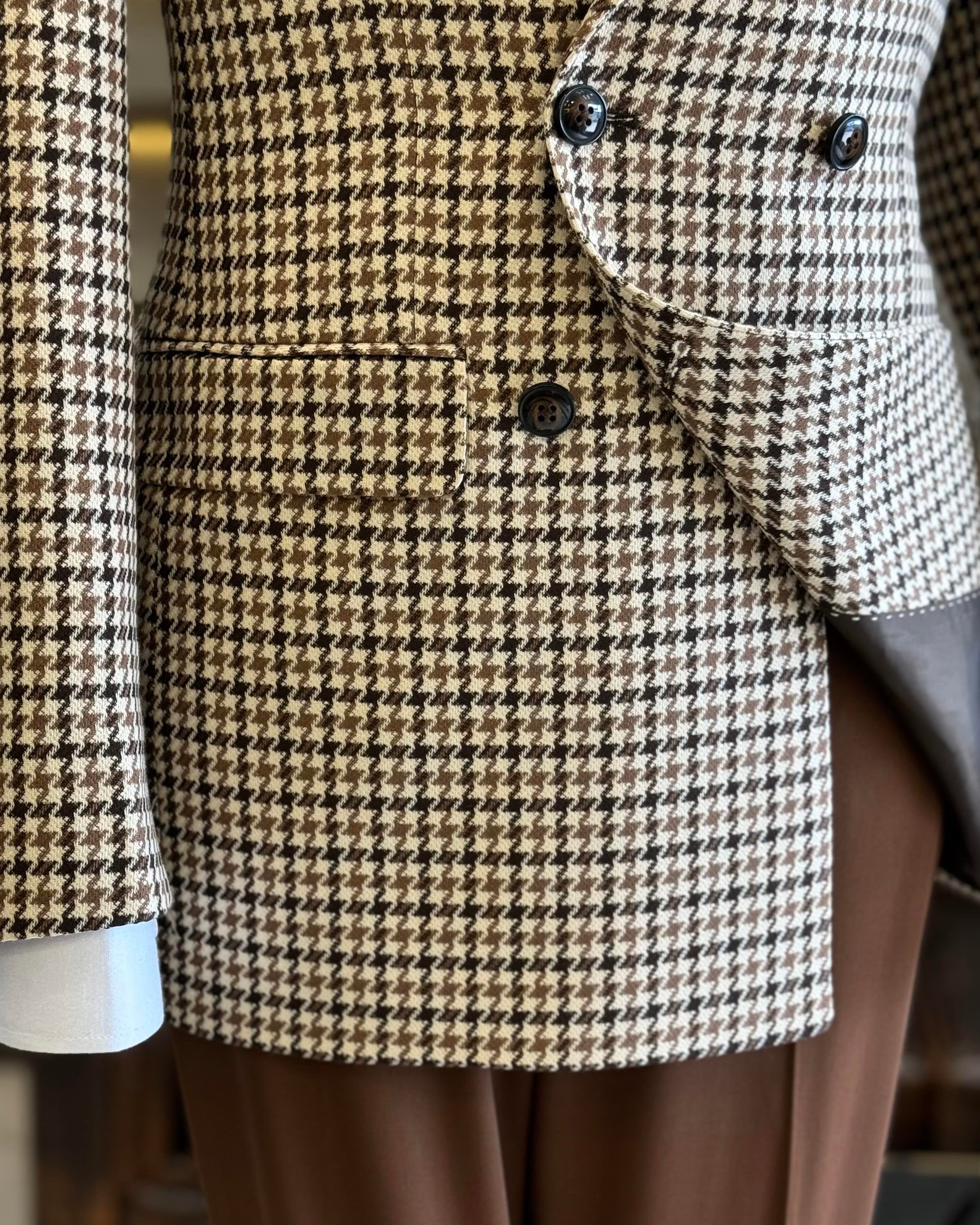 Beige Plaid Double Breasted Blazer