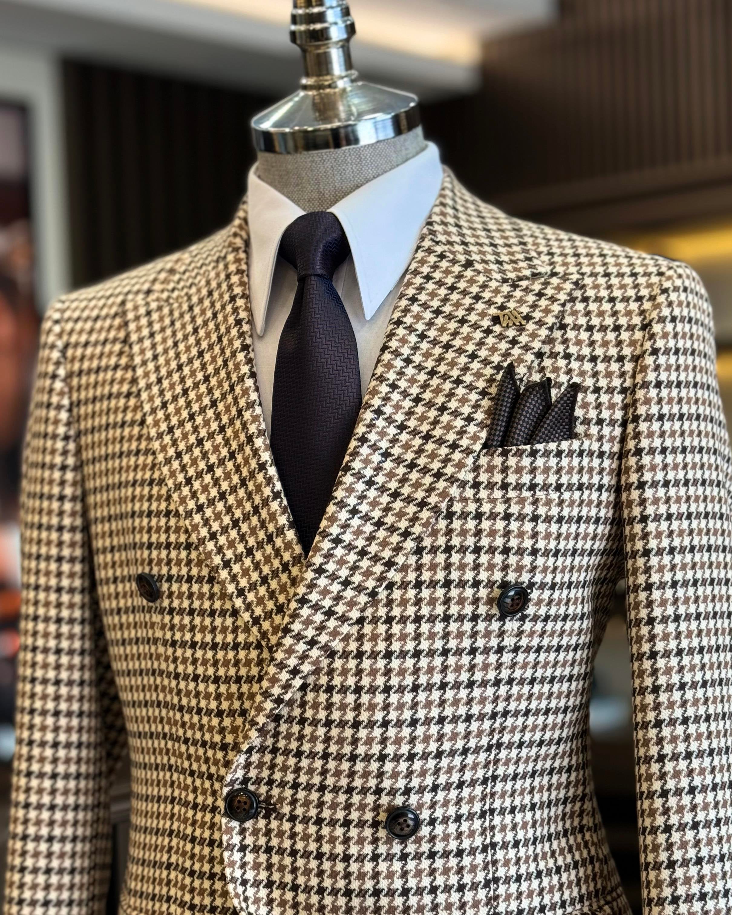 Beige Plaid Double Breasted Blazer
