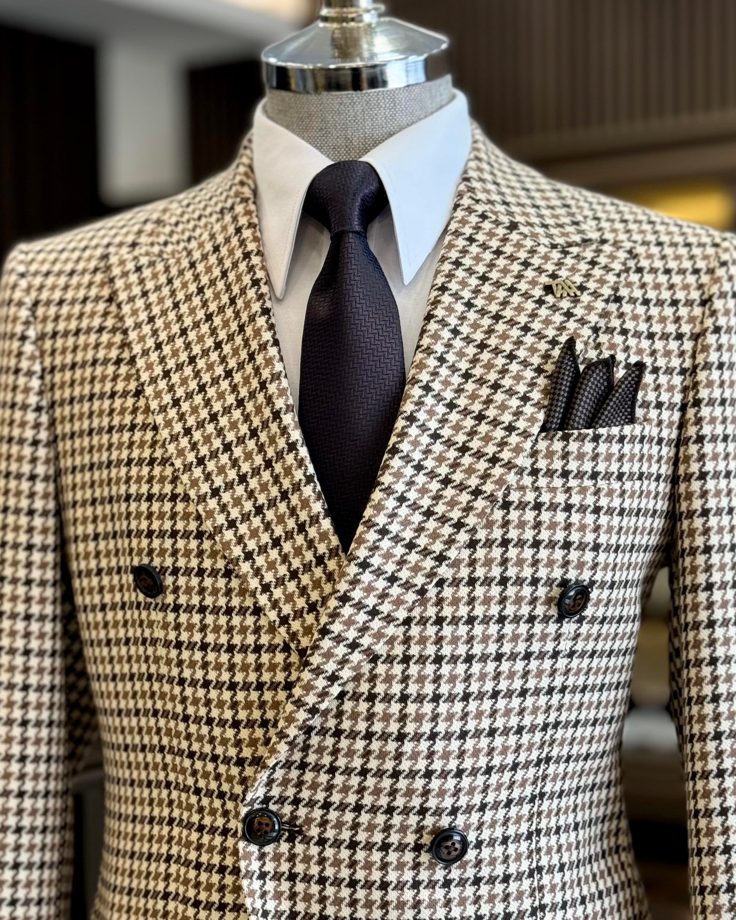 Beige Plaid Double Breasted Blazer