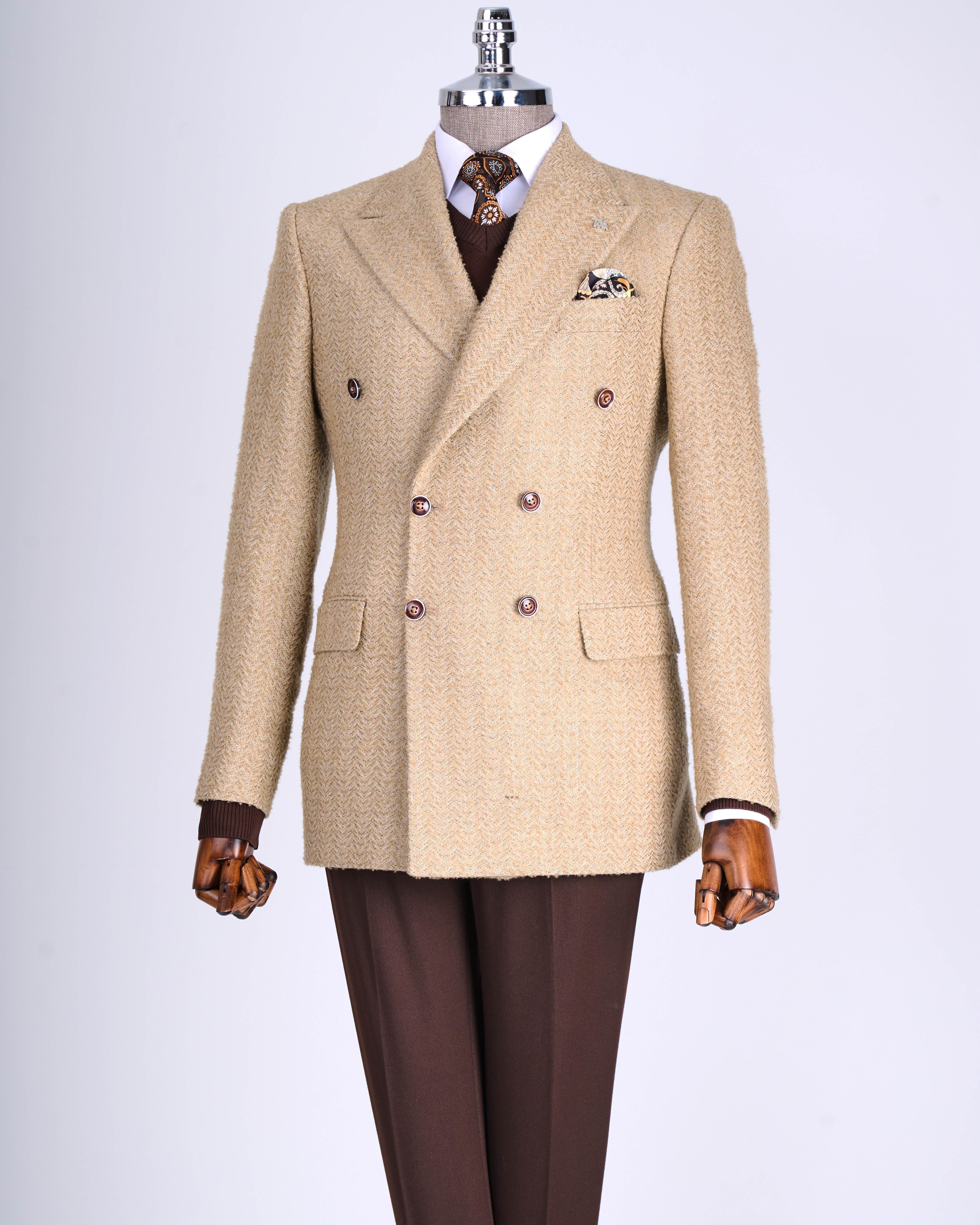 Camel Striped Double Breasted Blazer