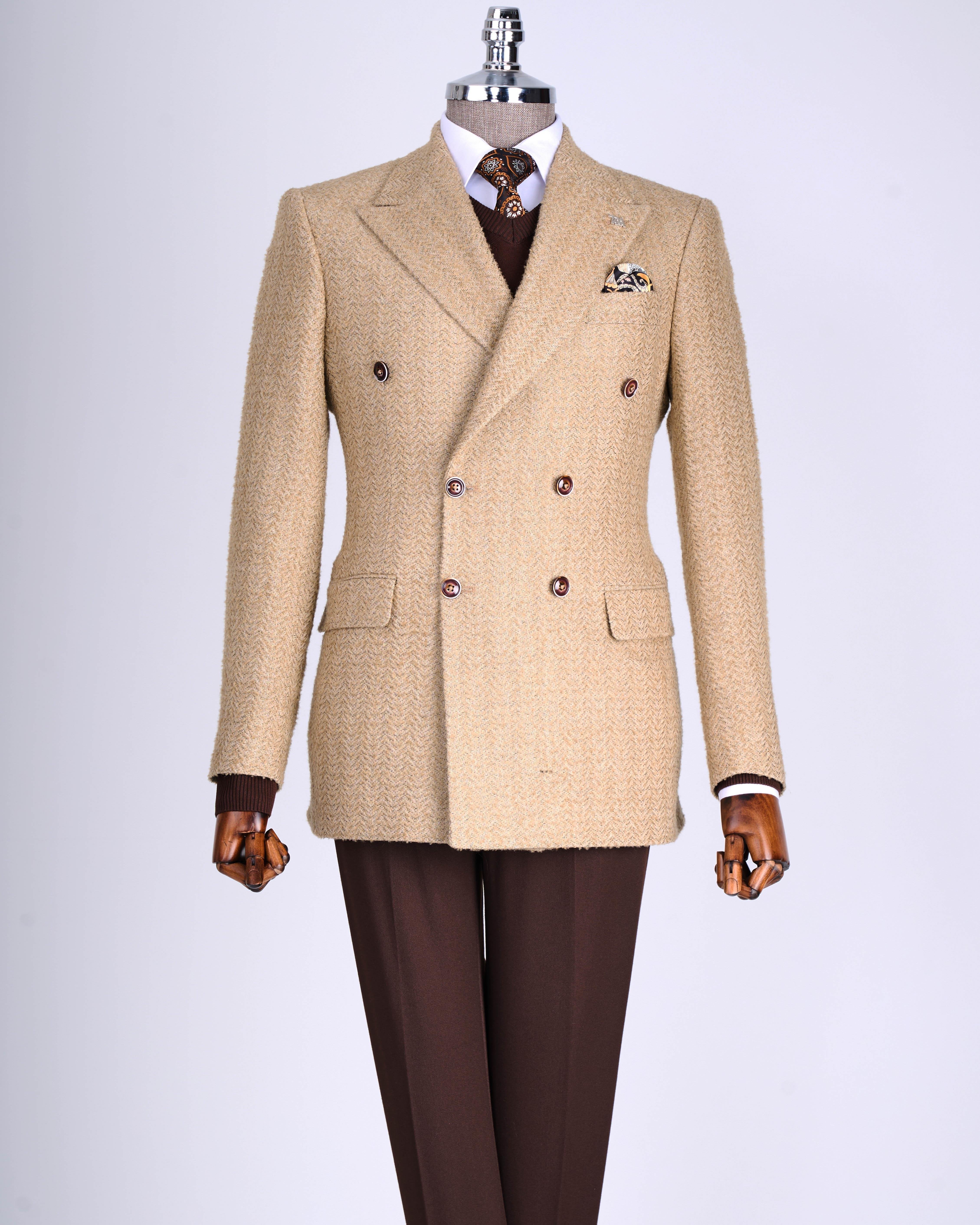 Camel Striped Double Breasted Blazer