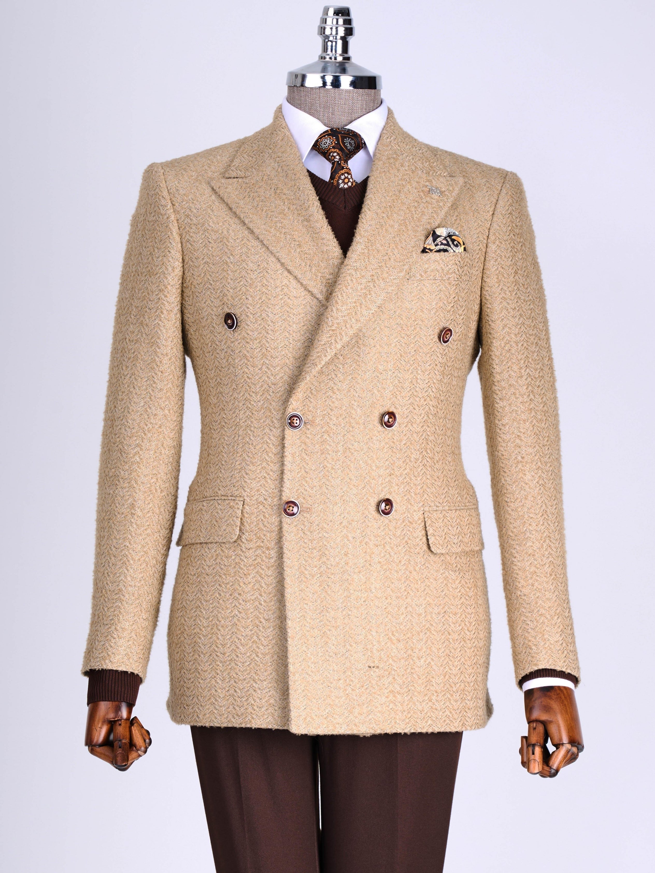Camel Striped Double Breasted Blazer