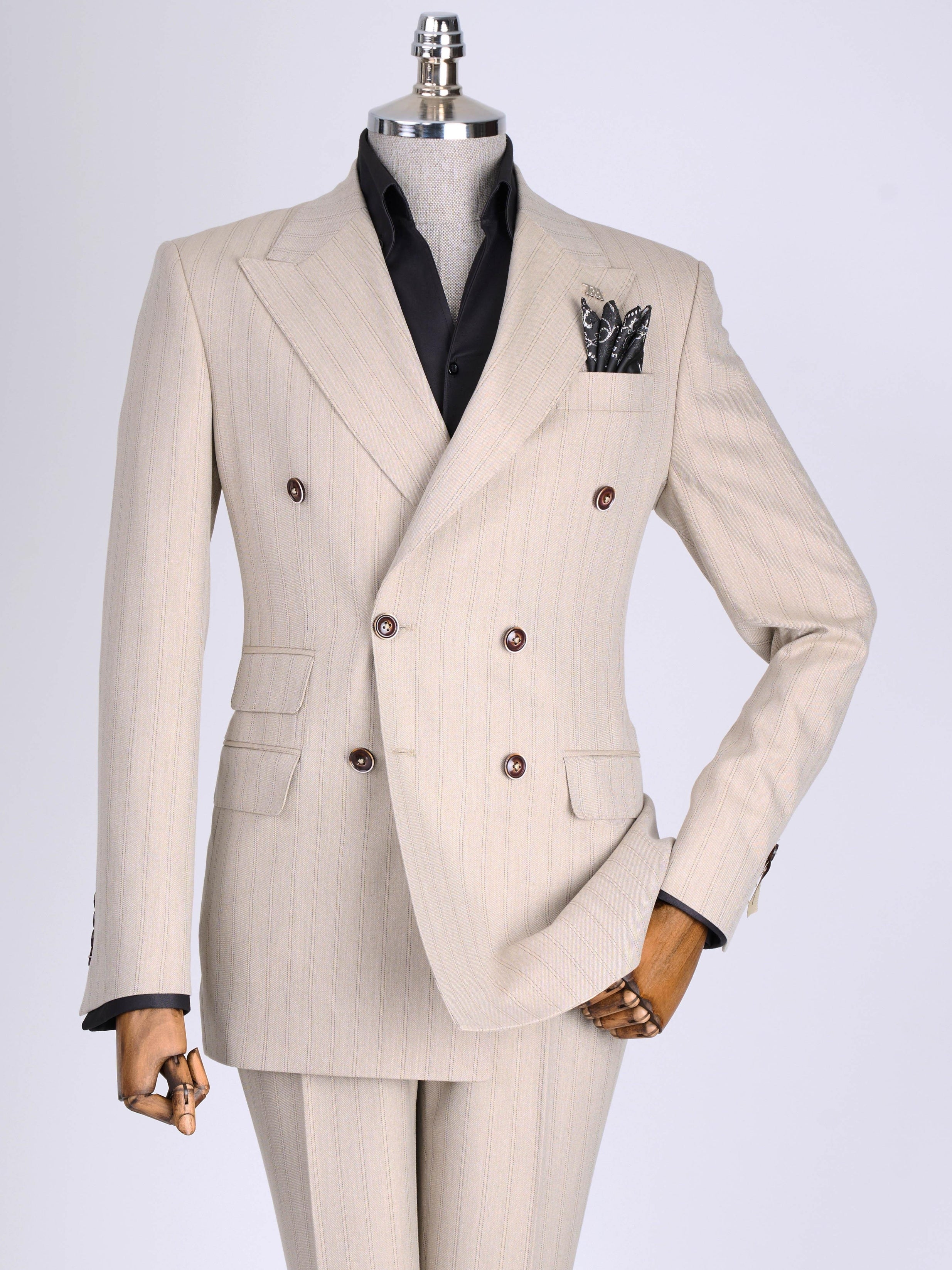 Beige Striped Double Breasted Suit 2-Piece