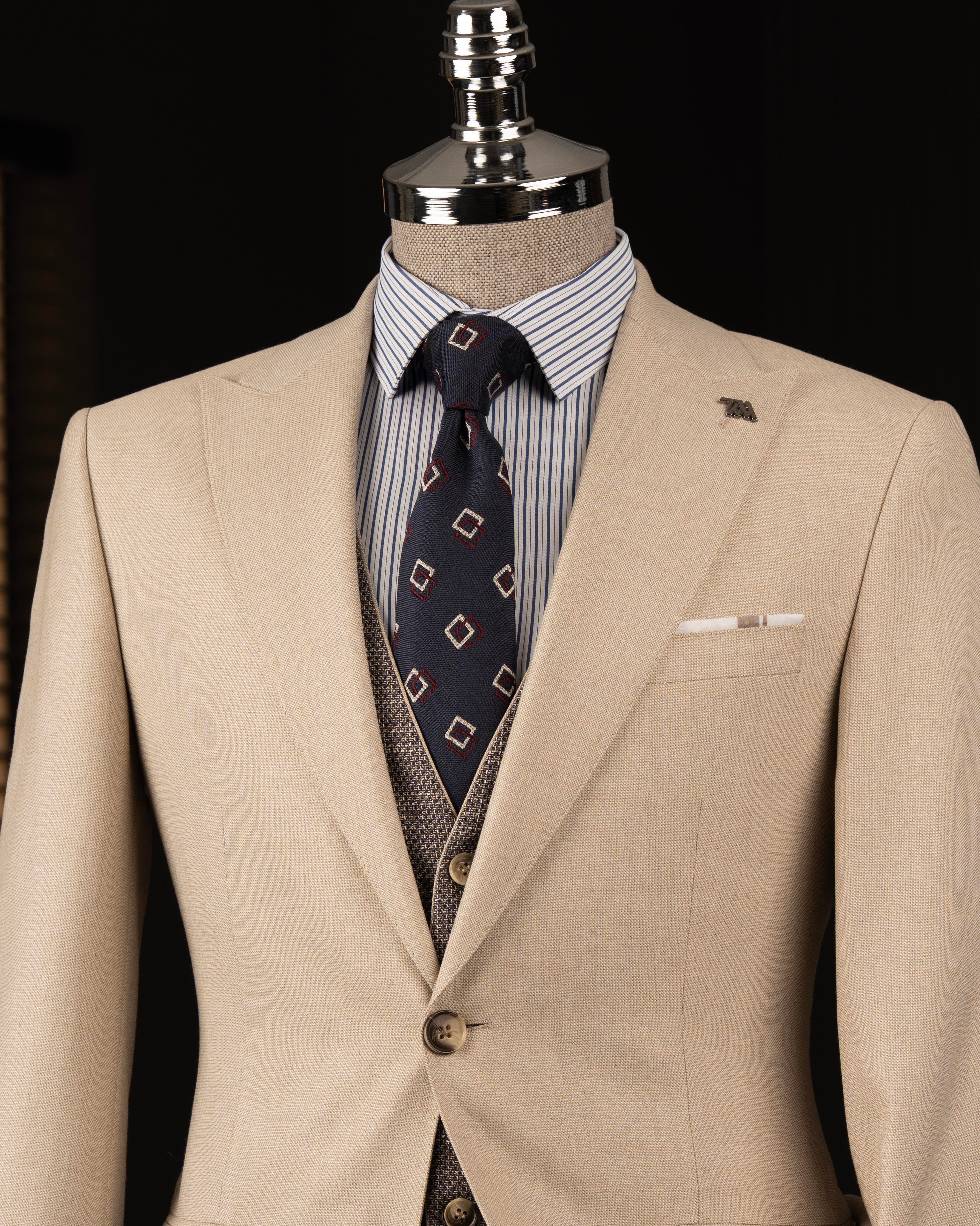 VIOSSI beige slim-fit 3-piece suit front view - italian suit styles perfect for formal occasions and weddings