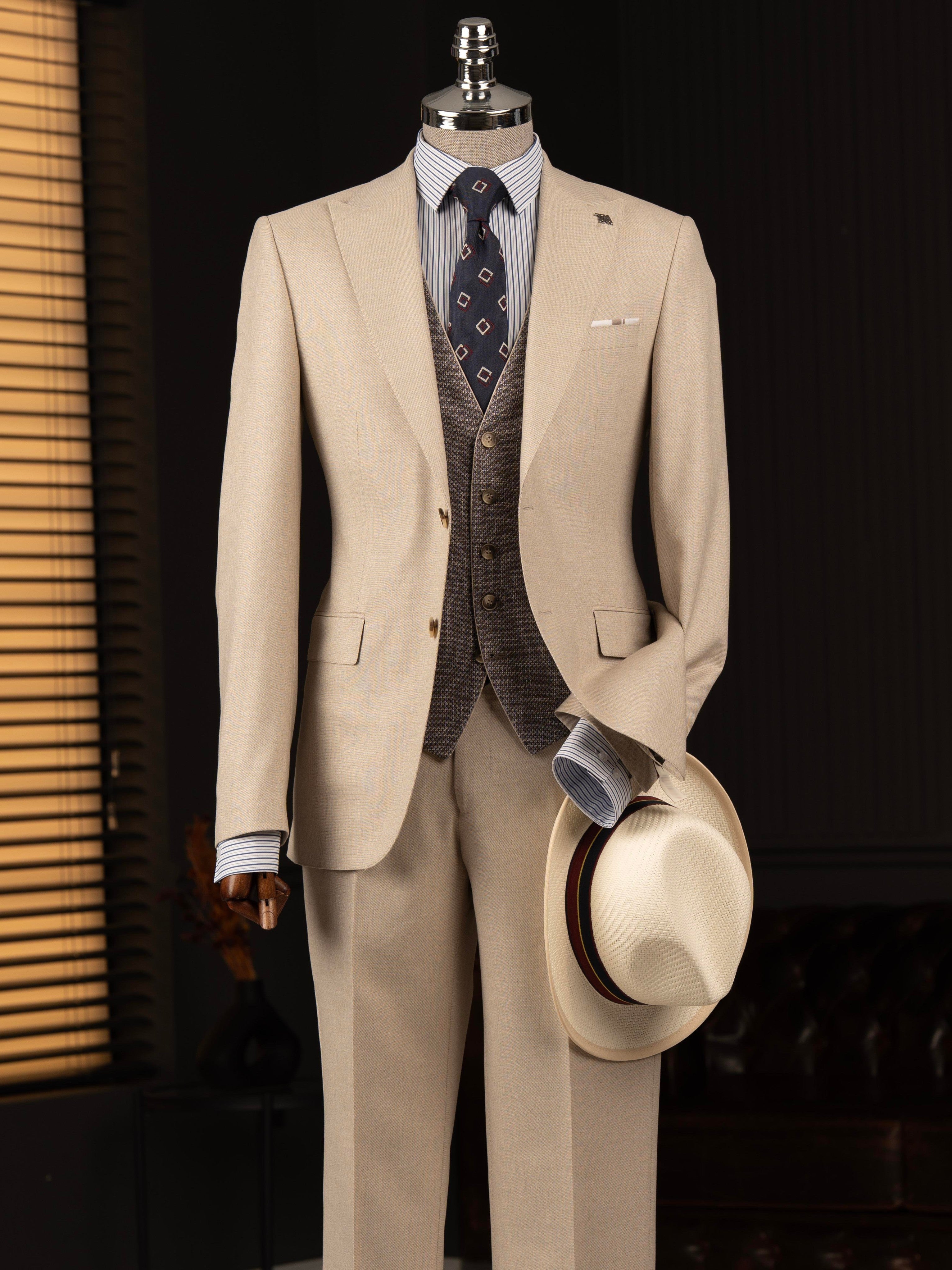 VIOSSI beige slim-fit 3-piece suit front view, italian suit styles for formal occasions and weddings