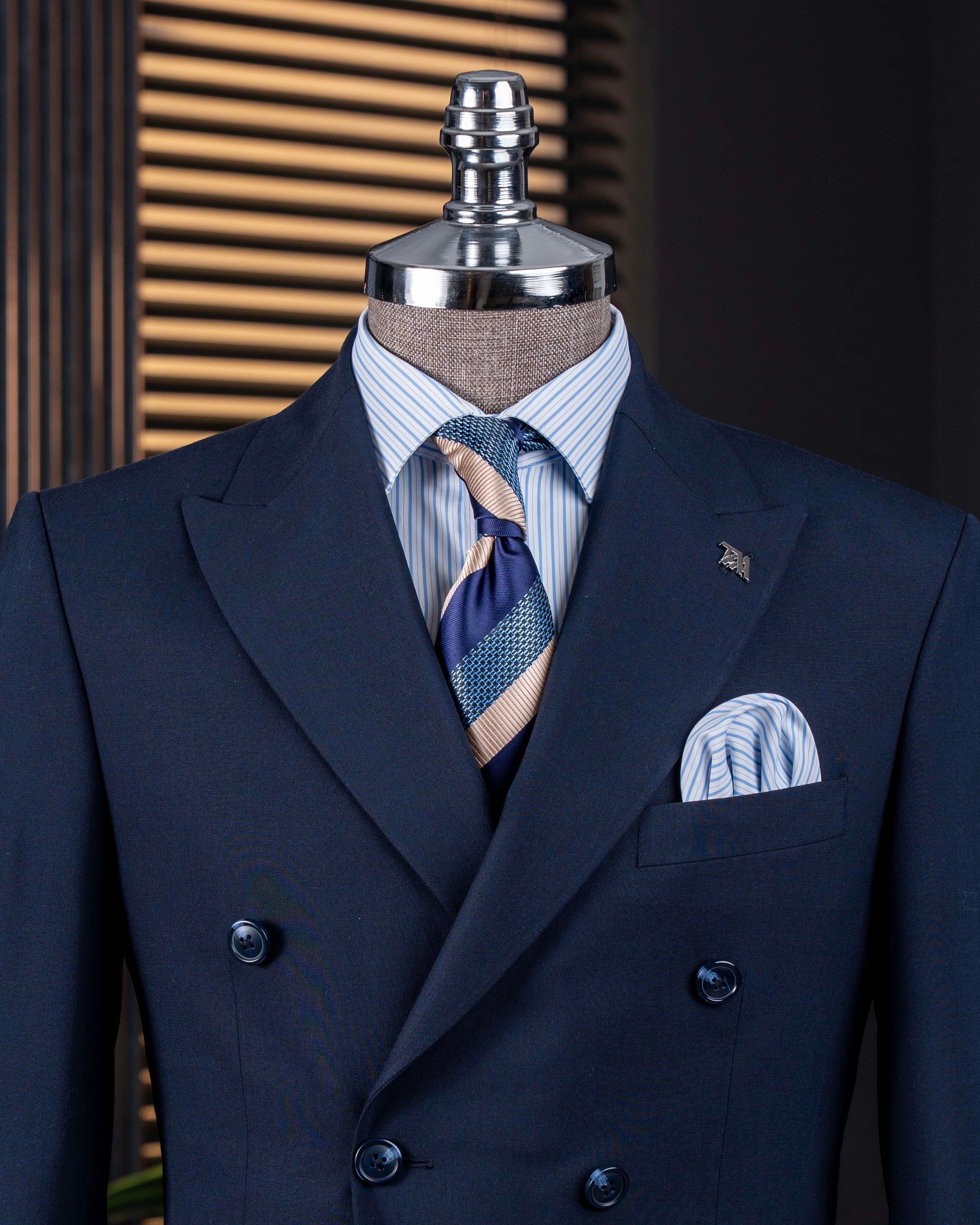 Navy double-breasted suit 2-piece – tailored back with center vent and trousers, rear view