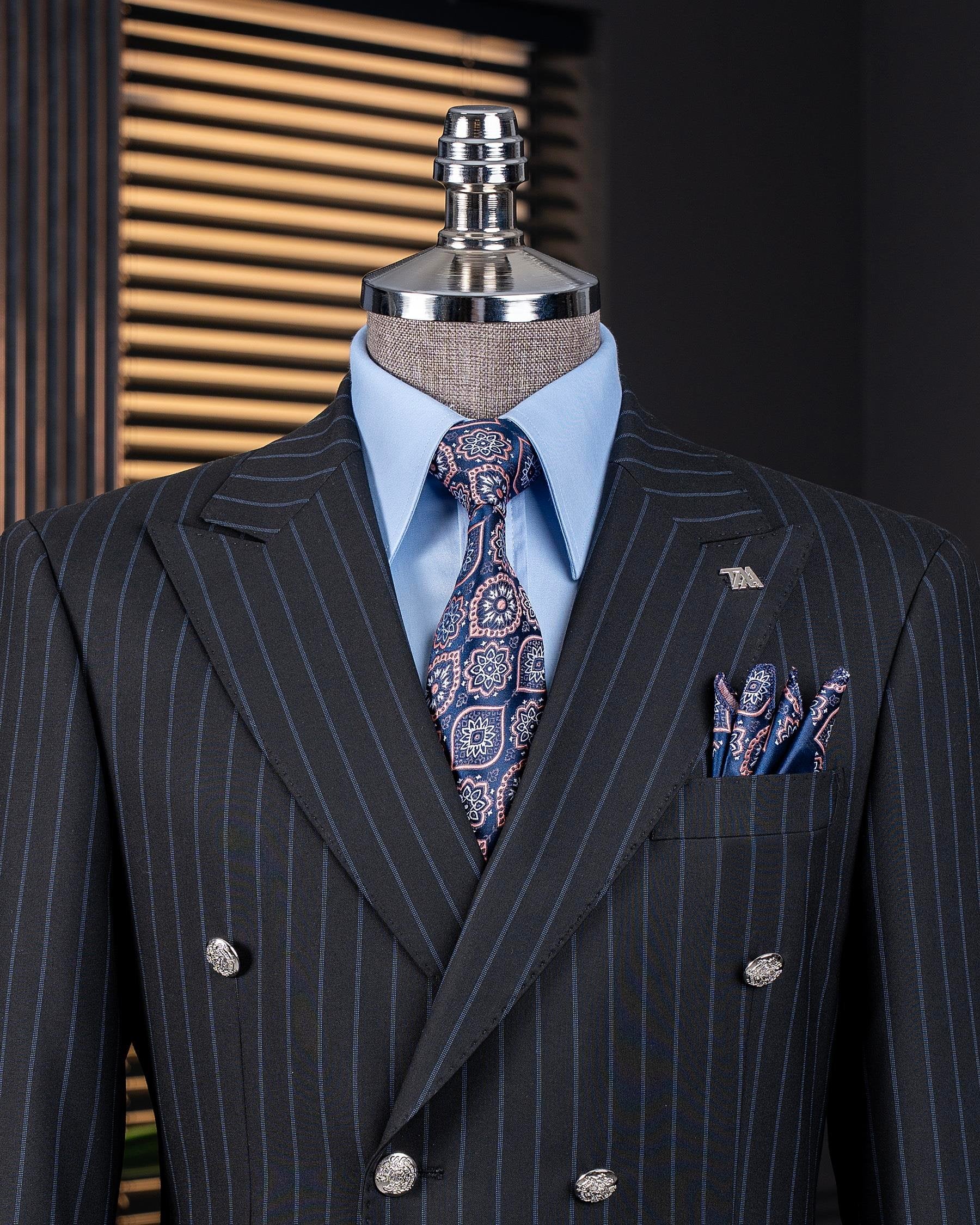 Black Striped Double Breasted Suit 2-Piece