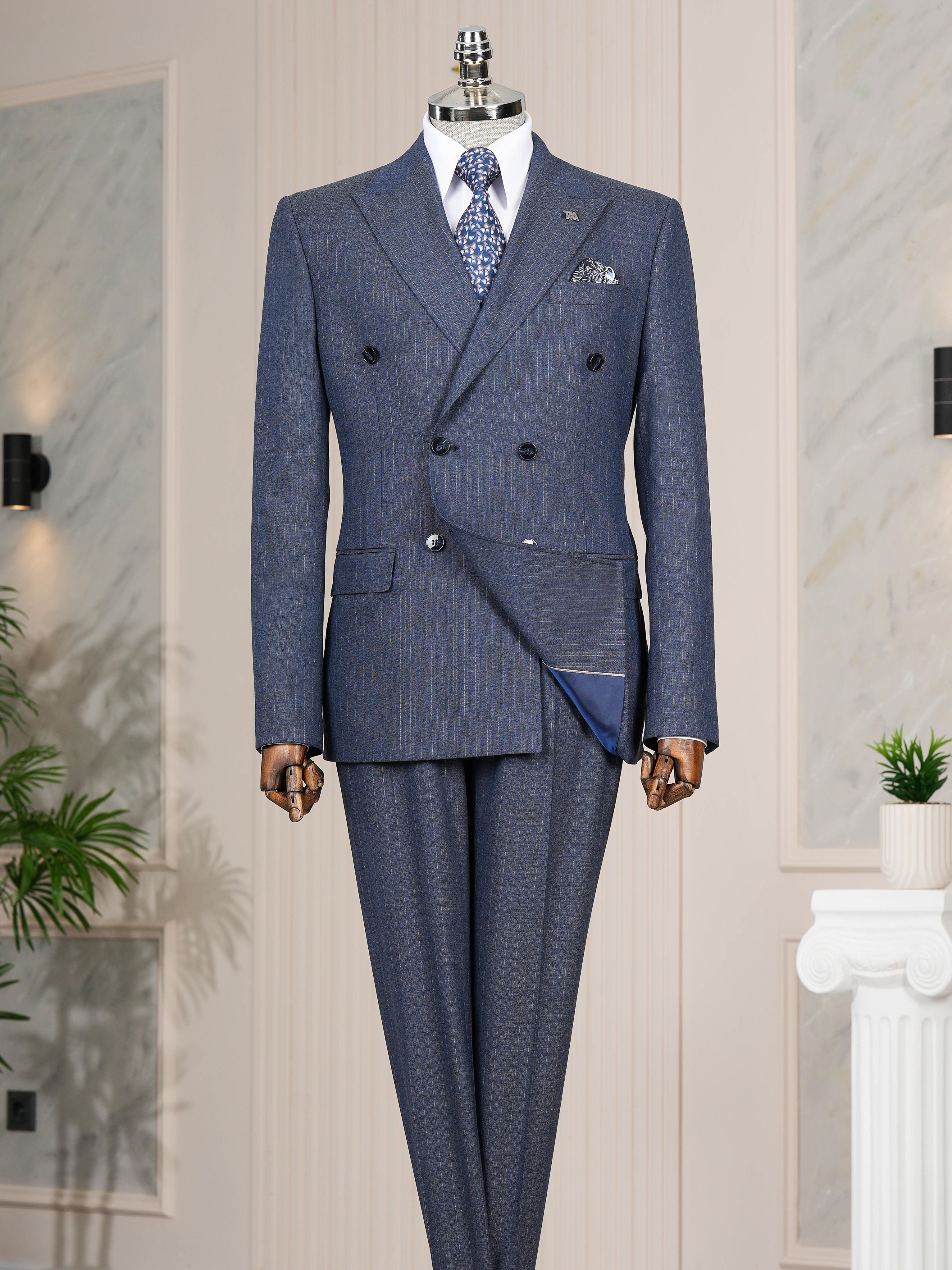 Blue Striped Double Breasted Suit 2-Piece