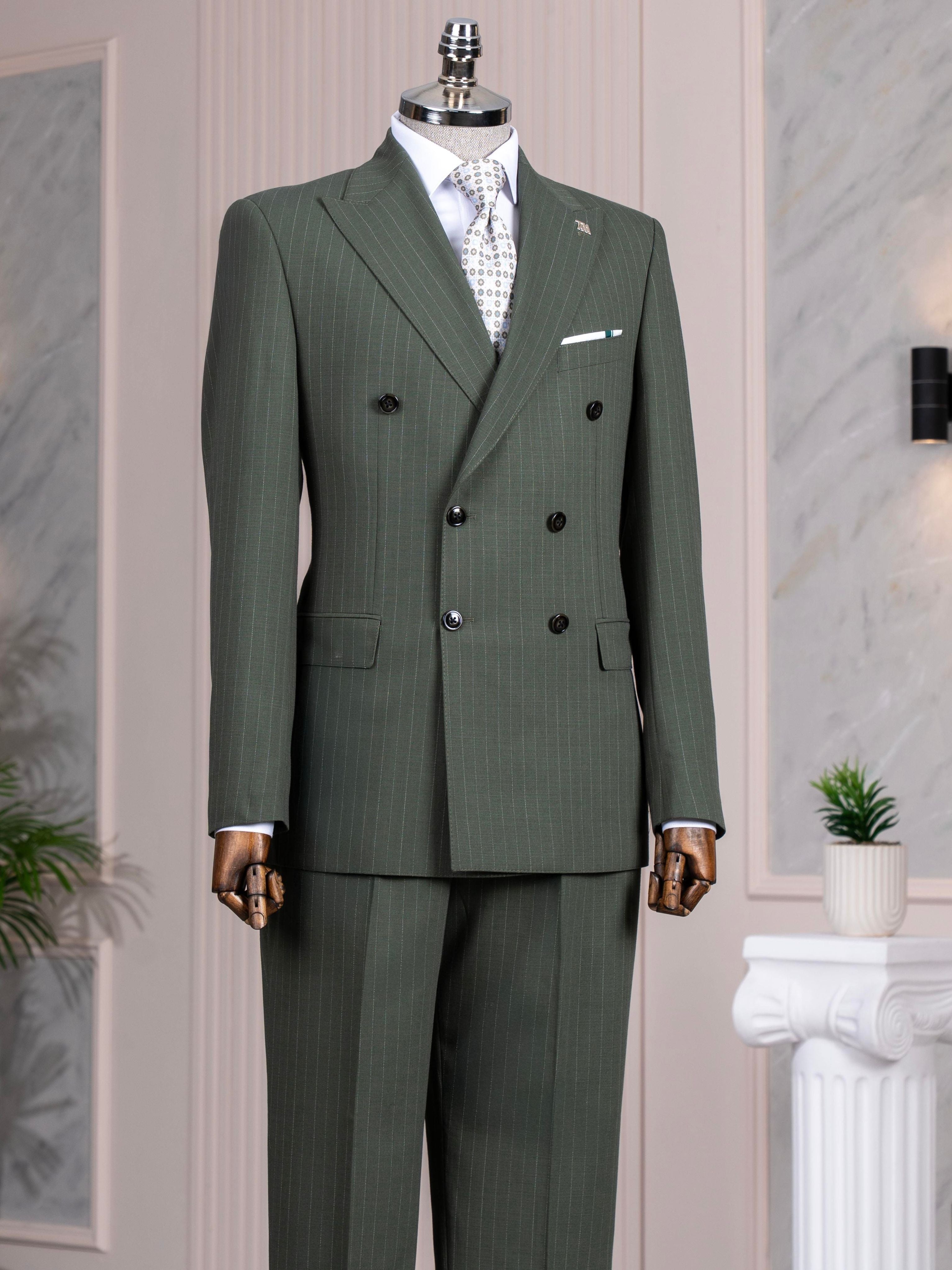 Green Striped Double Breasted Suit 2-Piece