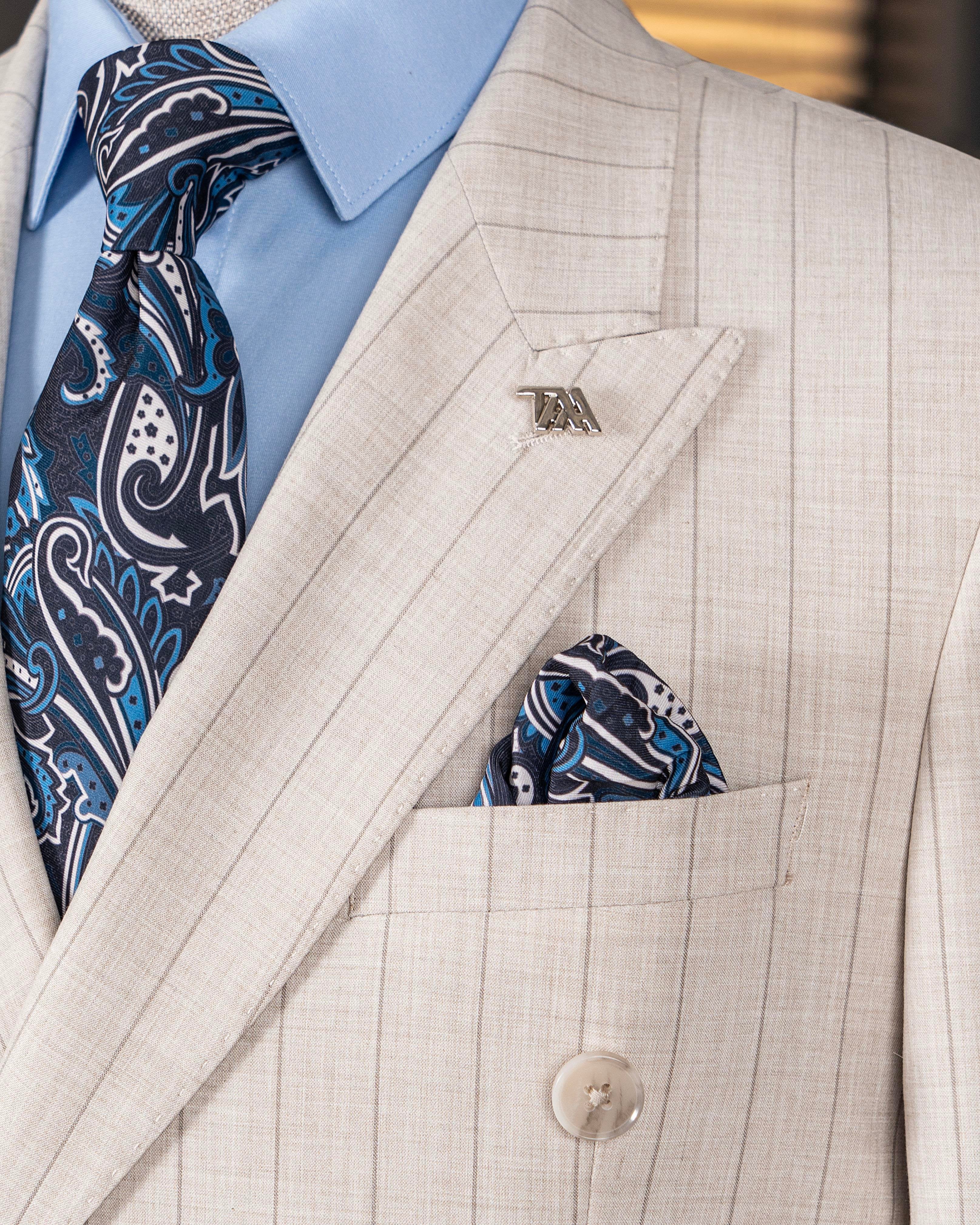 Beige Striped Double Breasted Suit 2-Piece