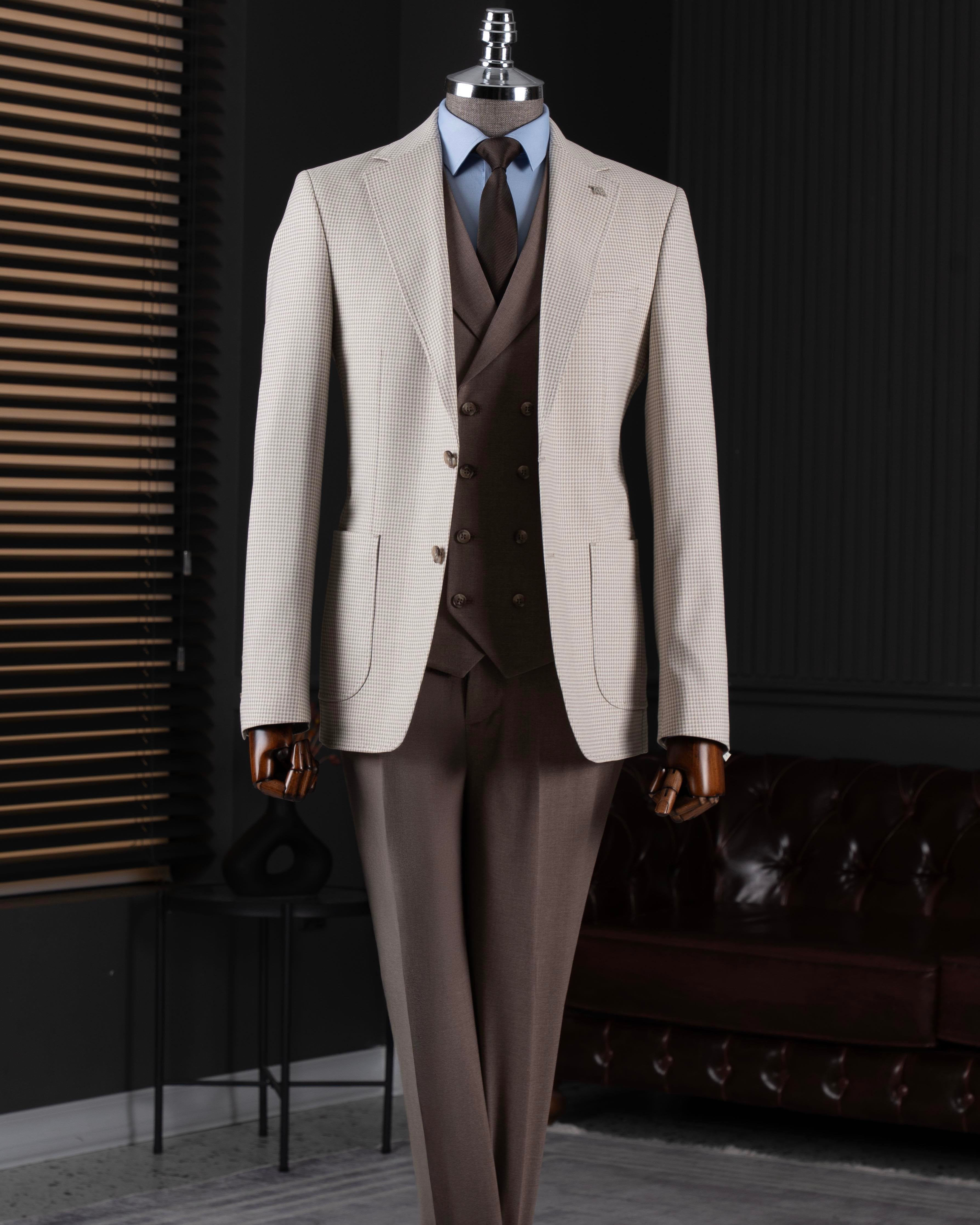 Beige Plaid Slim-Fit Suit 3-Piece