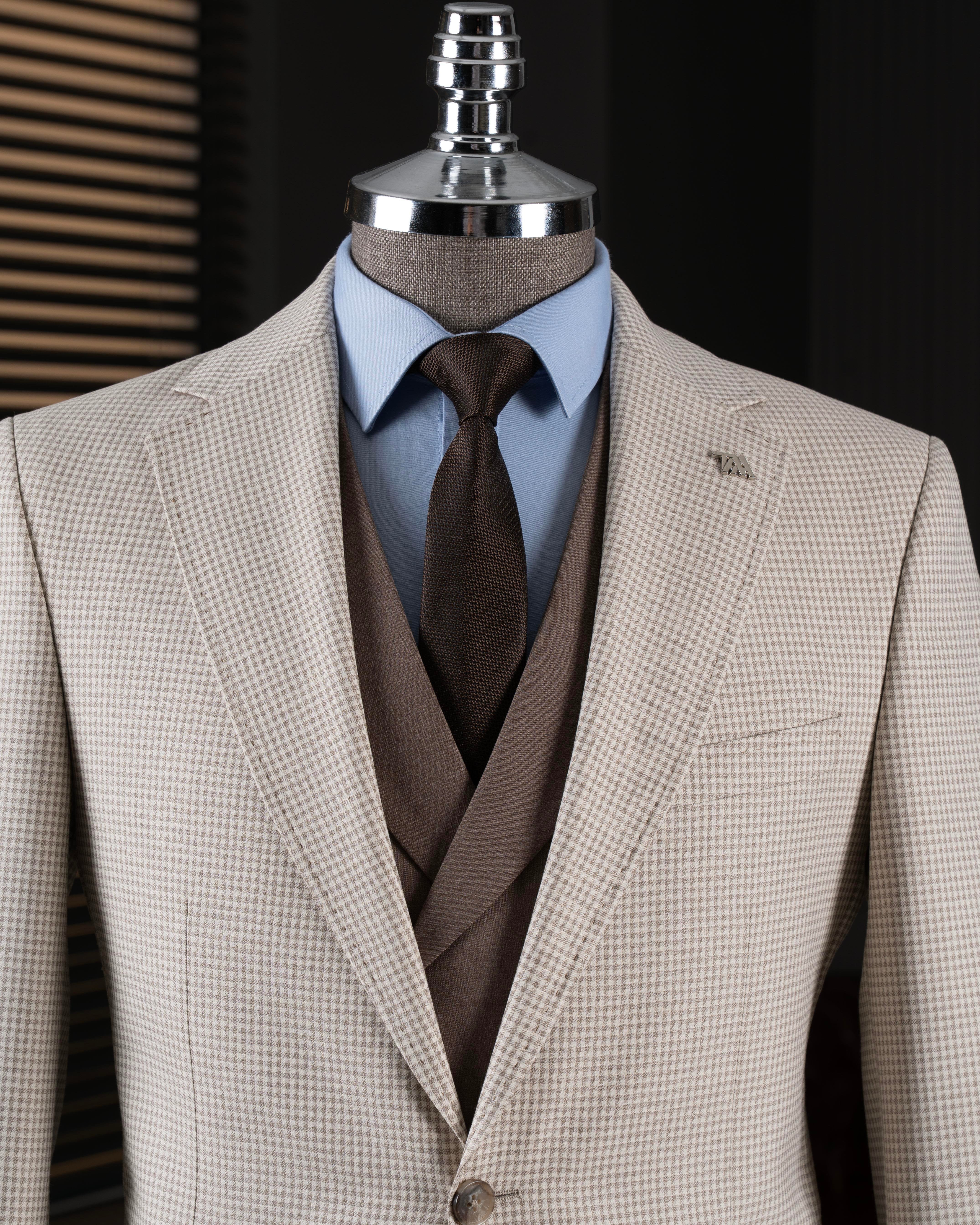 Beige Plaid Slim-Fit Suit 3-Piece