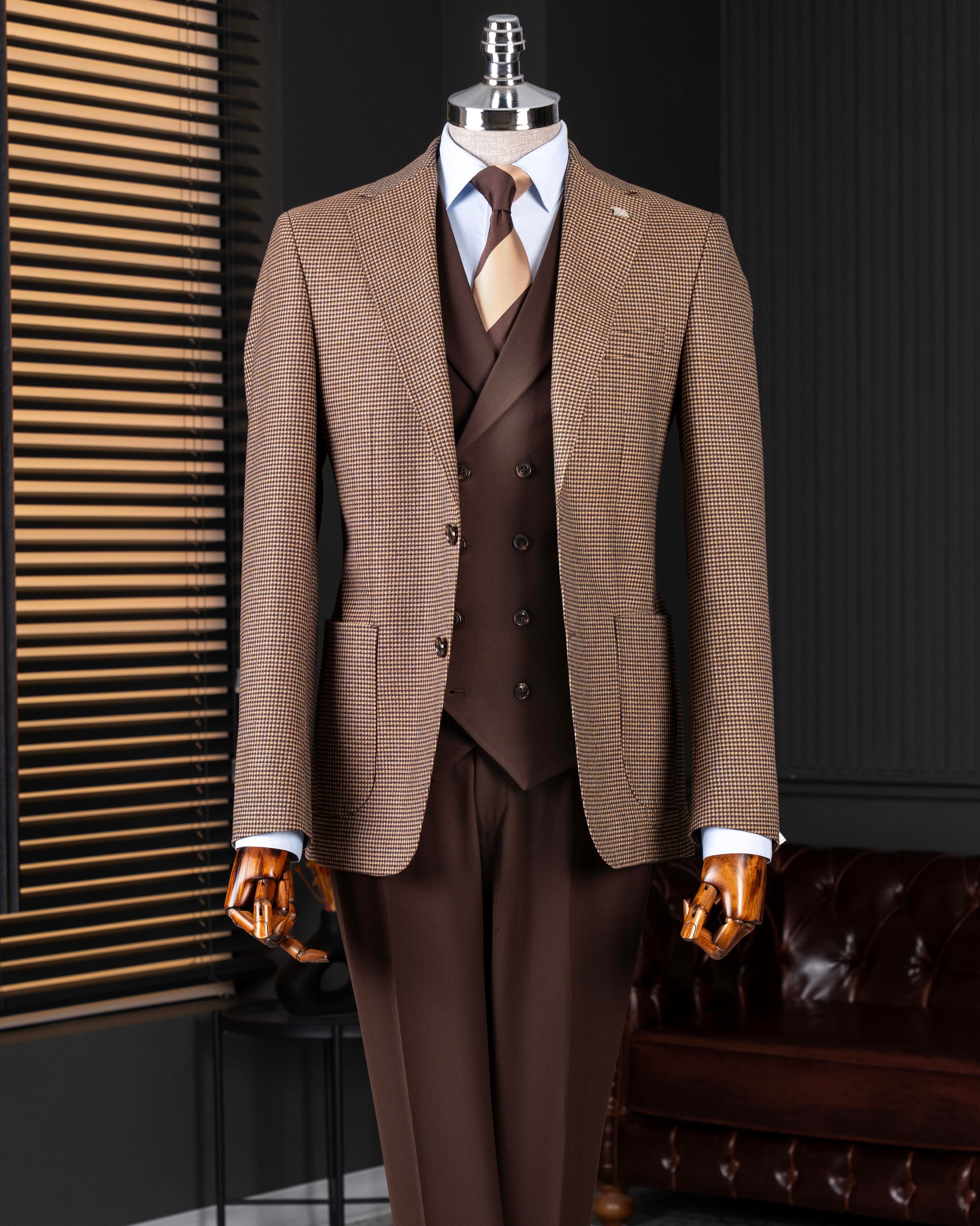 Brown Plaid Slim-Fit Suit 3-Piece