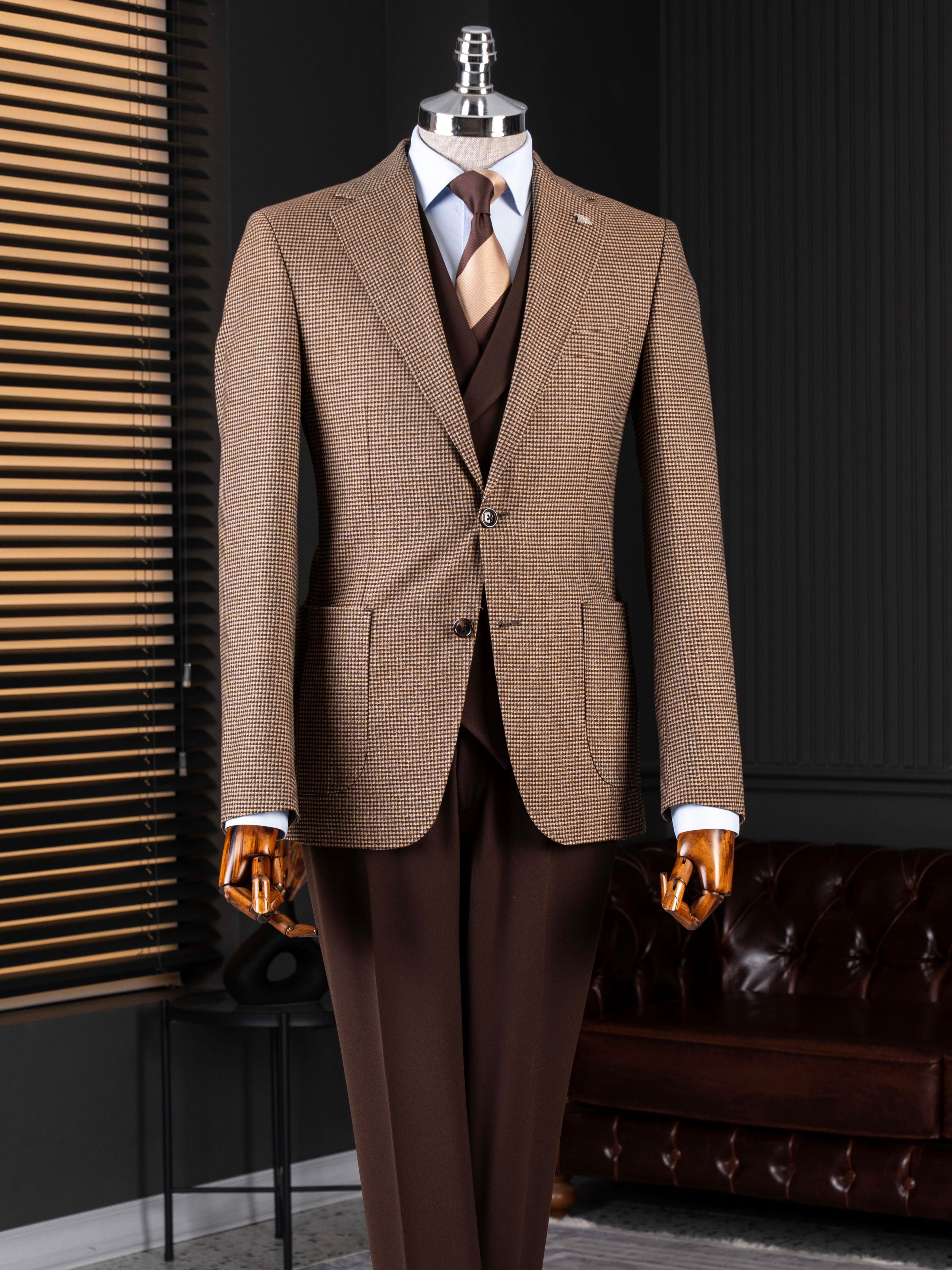 Brown Plaid Slim-Fit Suit 3-Piece
