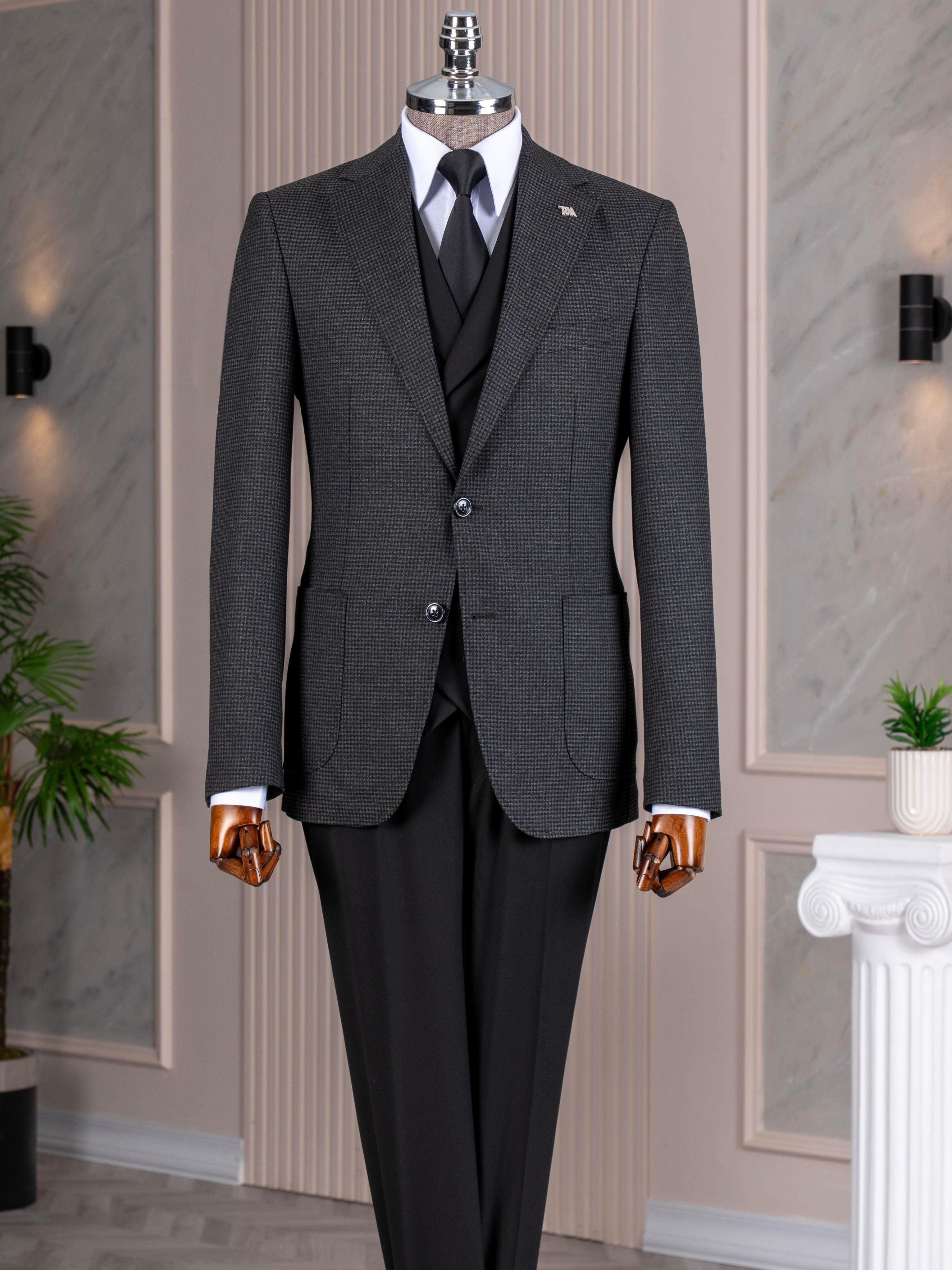 Black Plaid Slim-Fit Suit 3-Piece