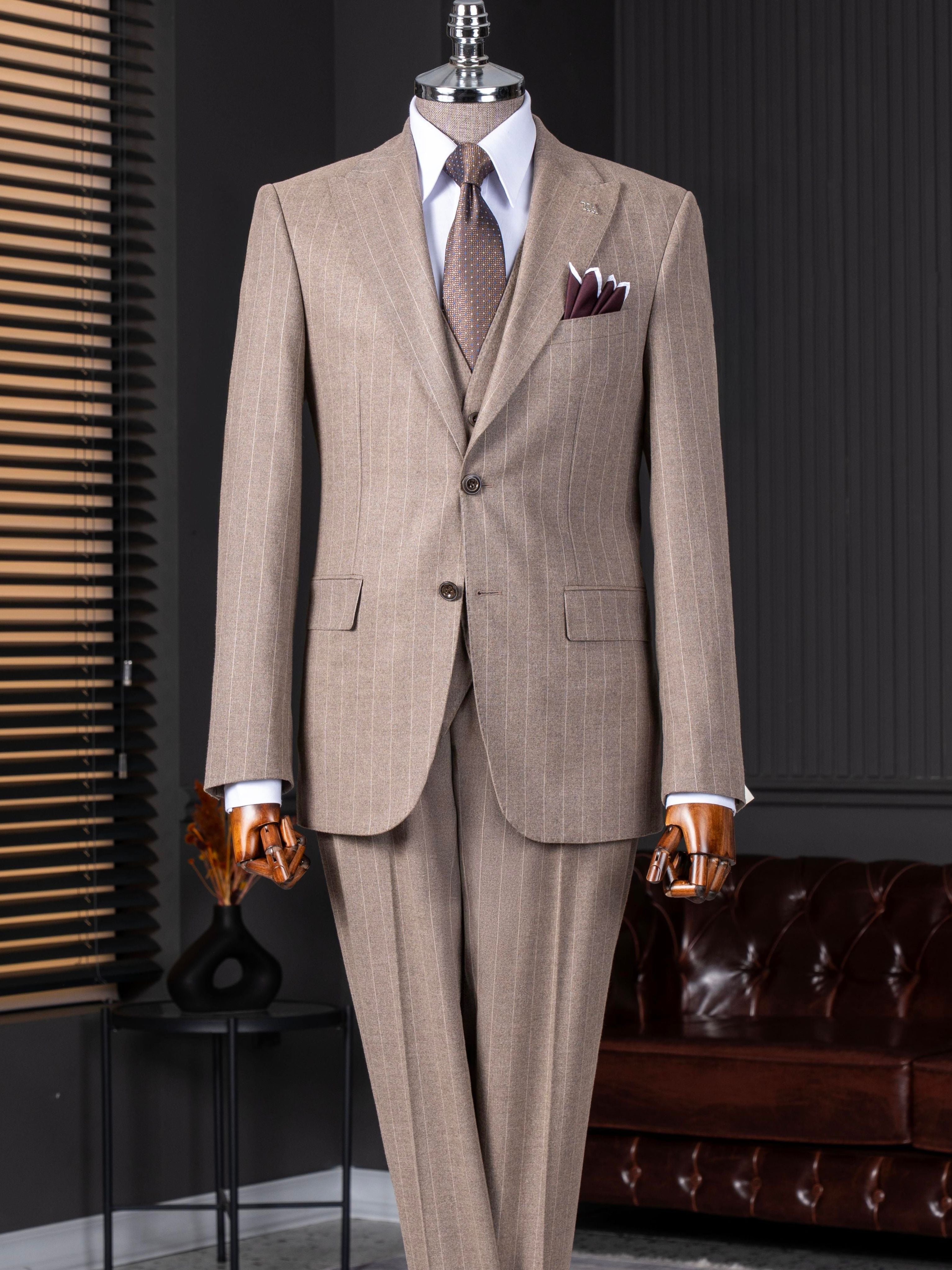 Camel Striped Slim-Fit Suit 3-Piece