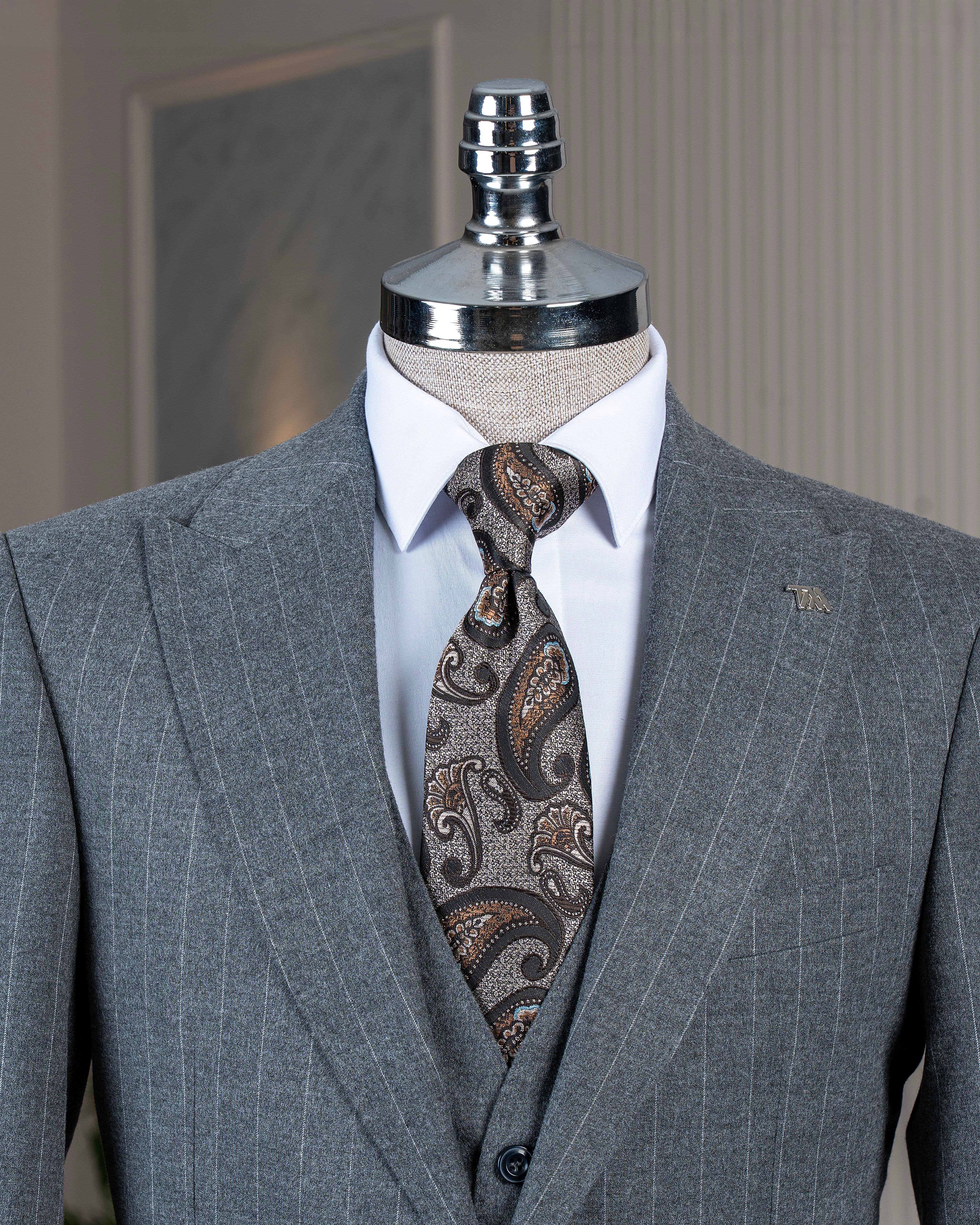 Grey Striped Slim-Fit Suit 3-Piece