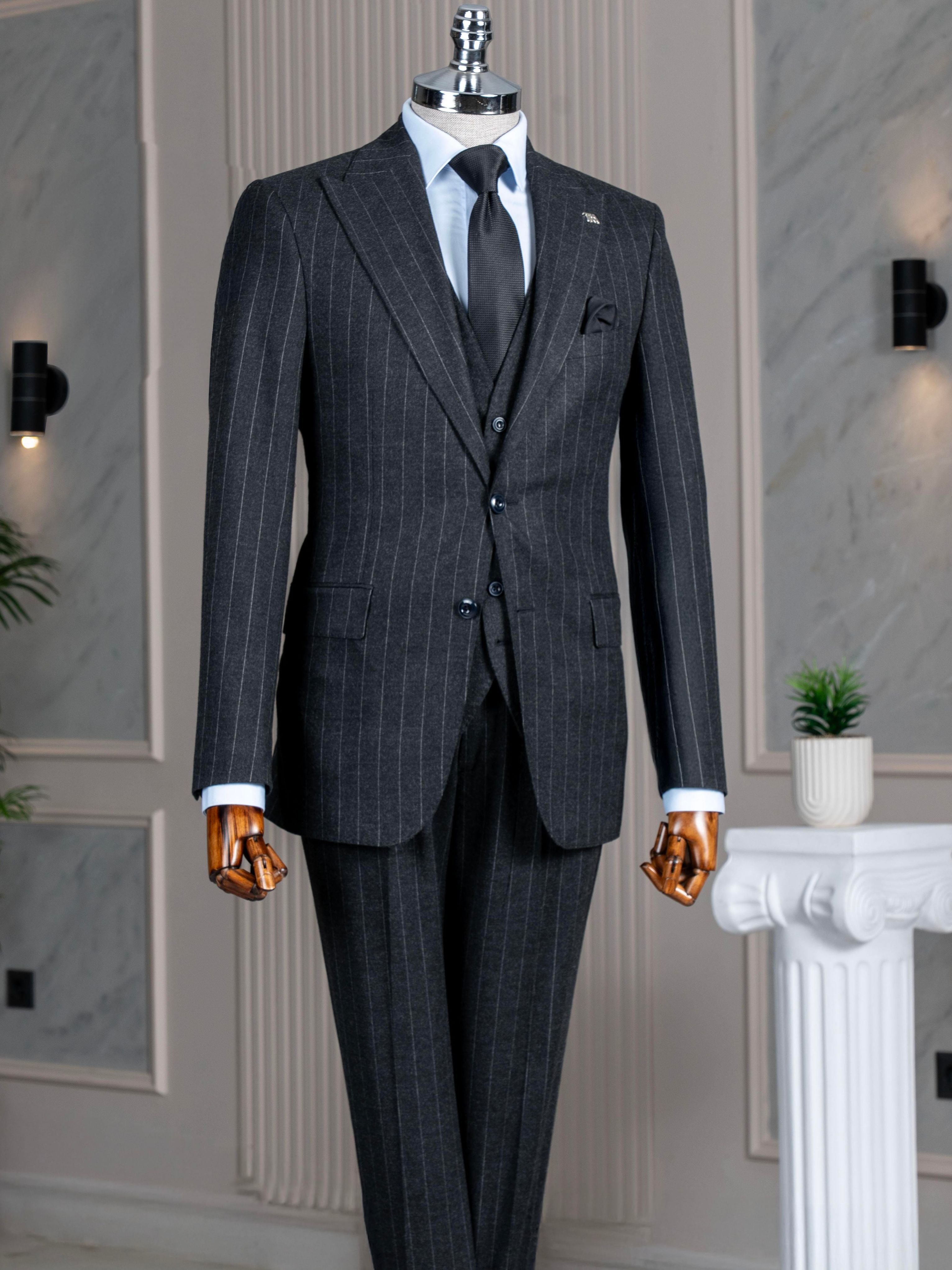 Grey Striped Slim-Fit Suit 3-Piece