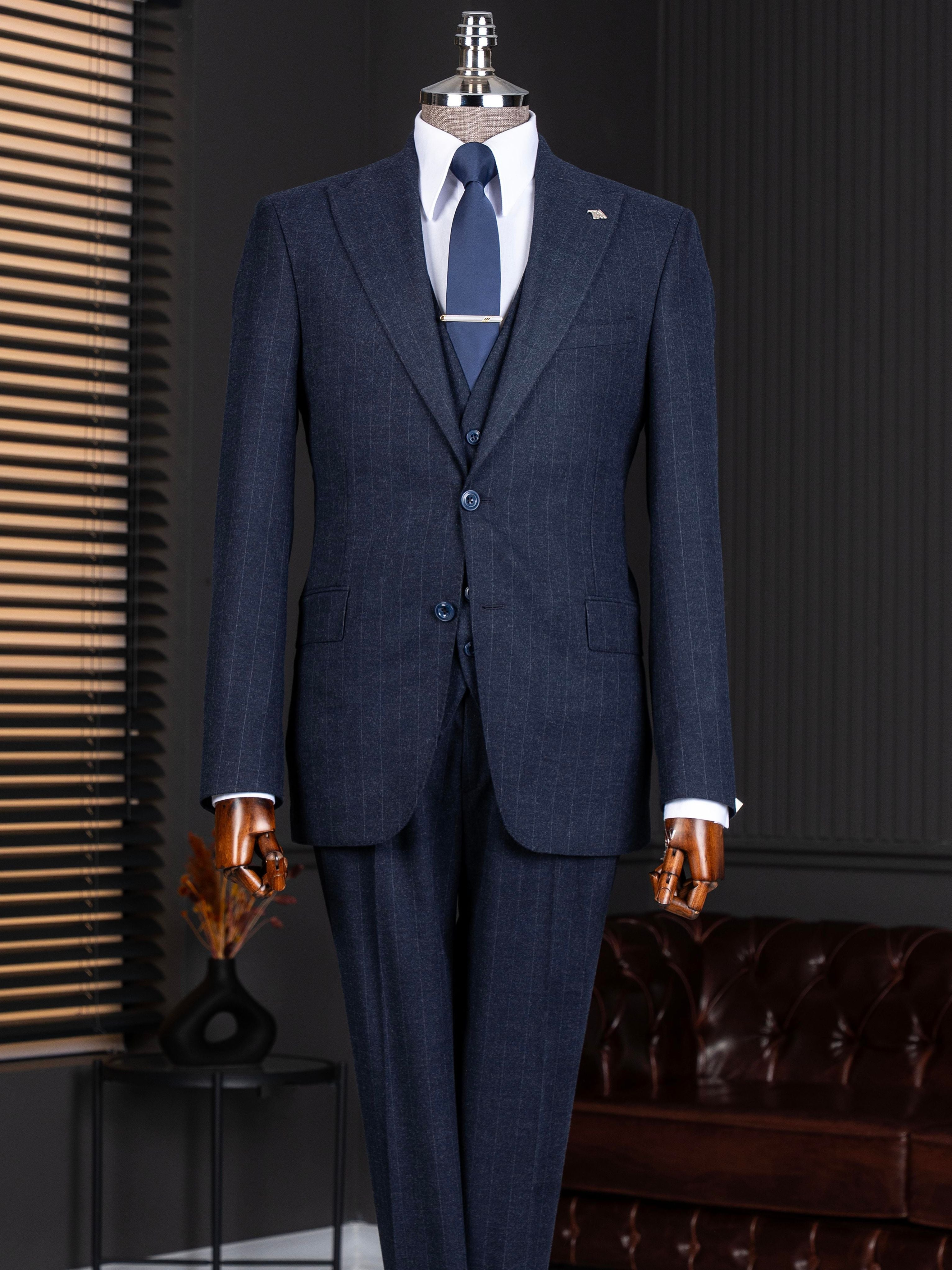Navy Striped Slim-Fit Suit 3-Piece