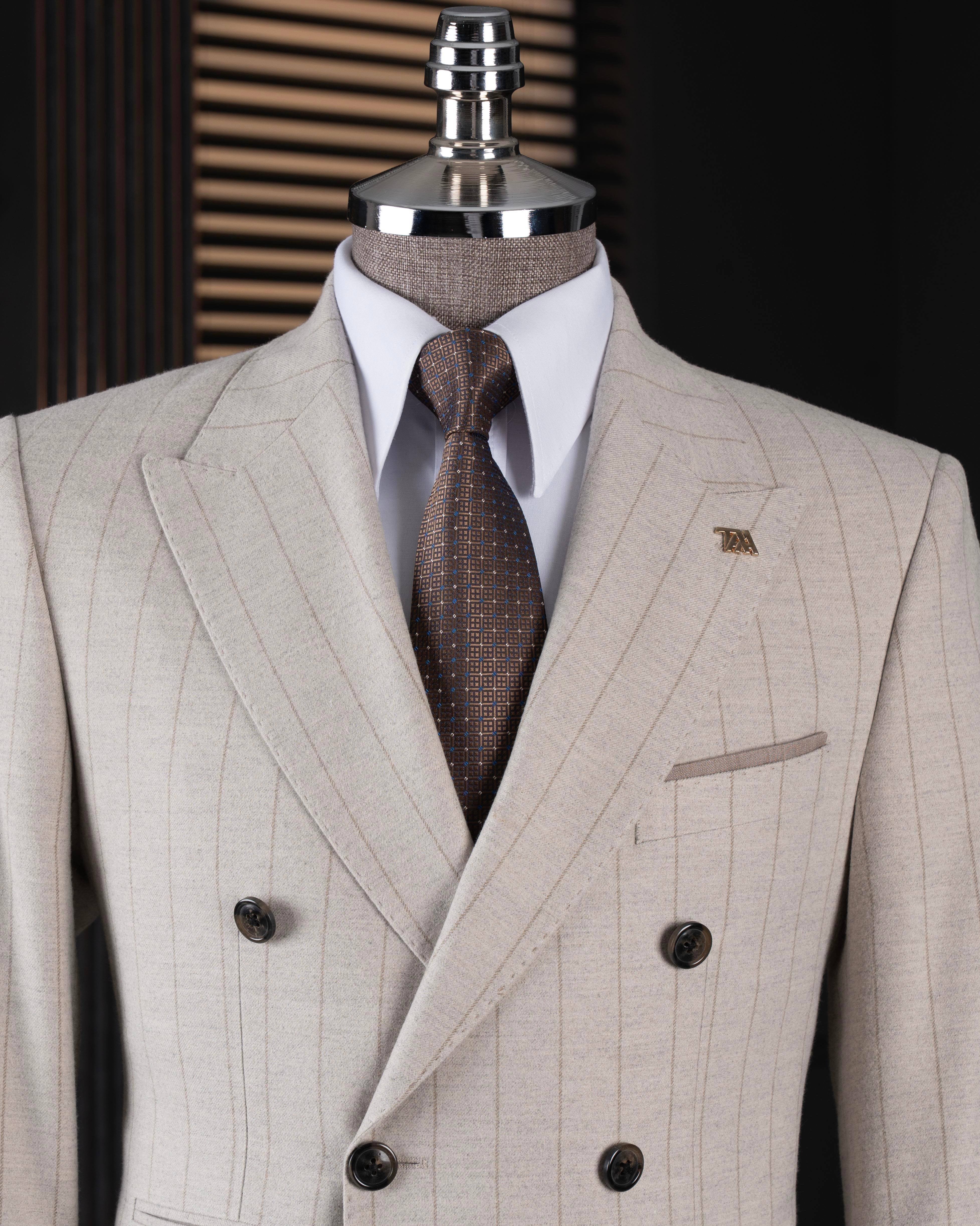 Beige Striped Double Breasted Suit 2-Piece