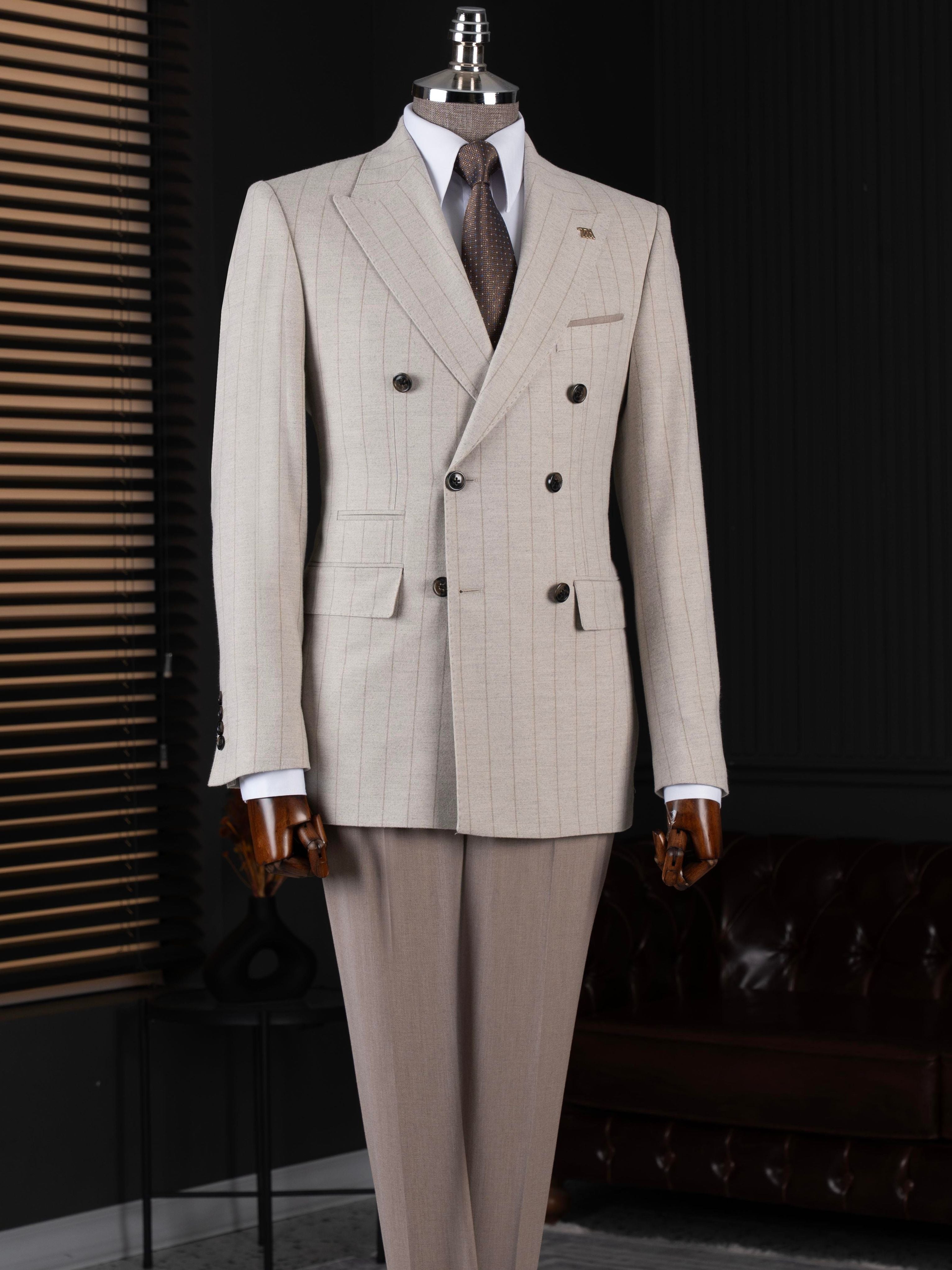 Beige Striped Double Breasted Suit 2-Piece