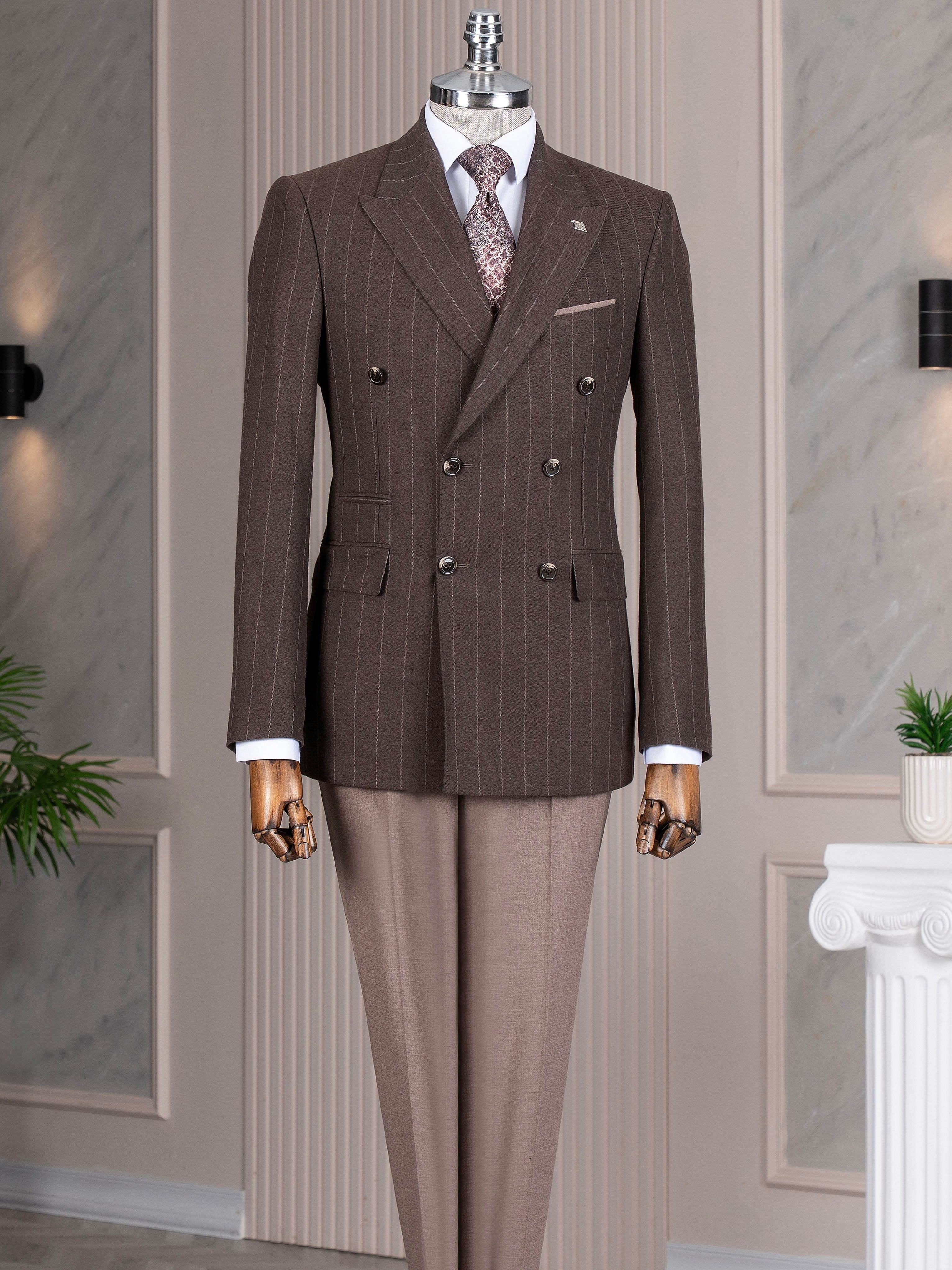 Brown Striped Double Breasted Suit 2-Piece