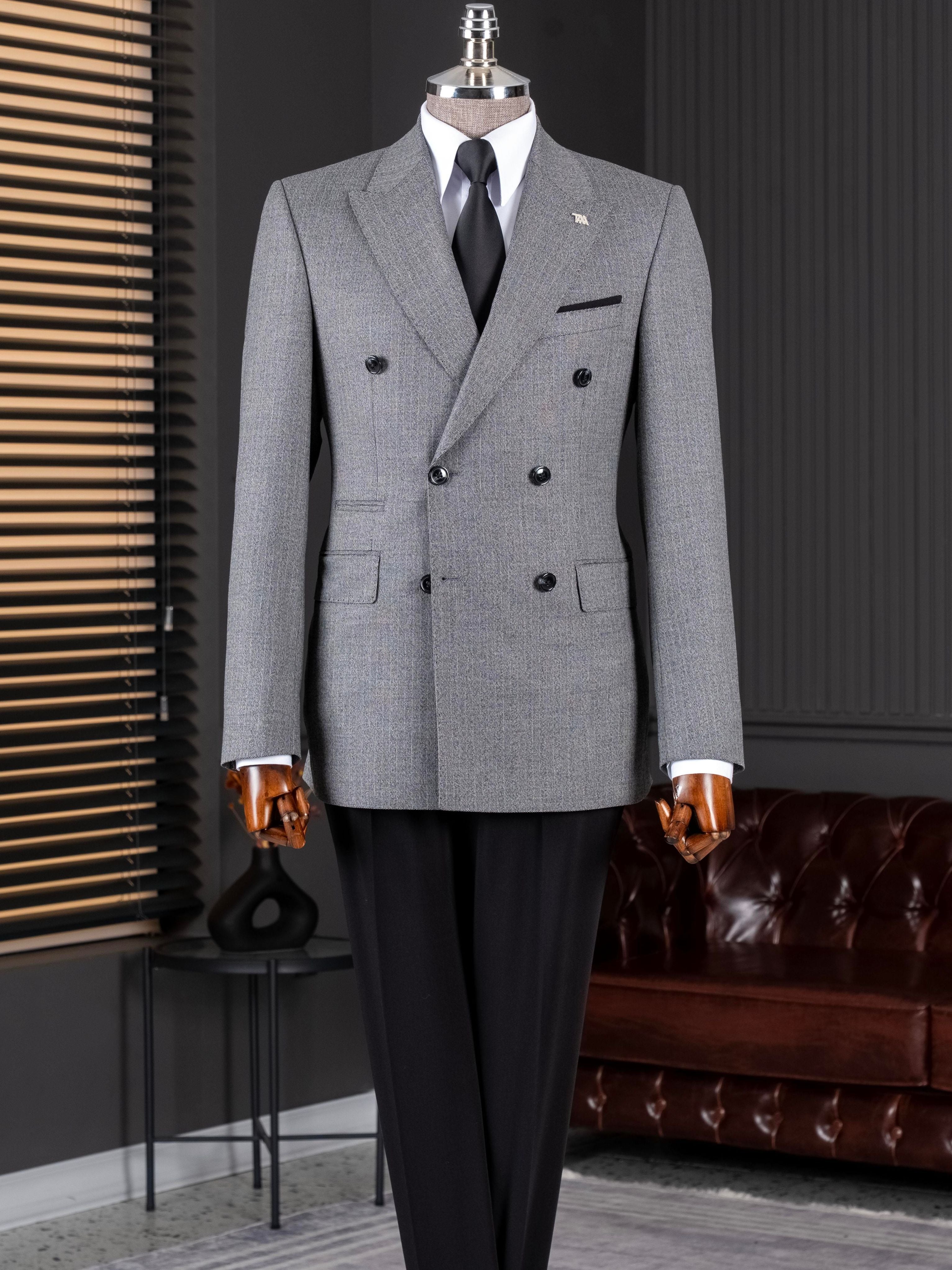 Grey Striped Double Breasted Suit 2-Piece