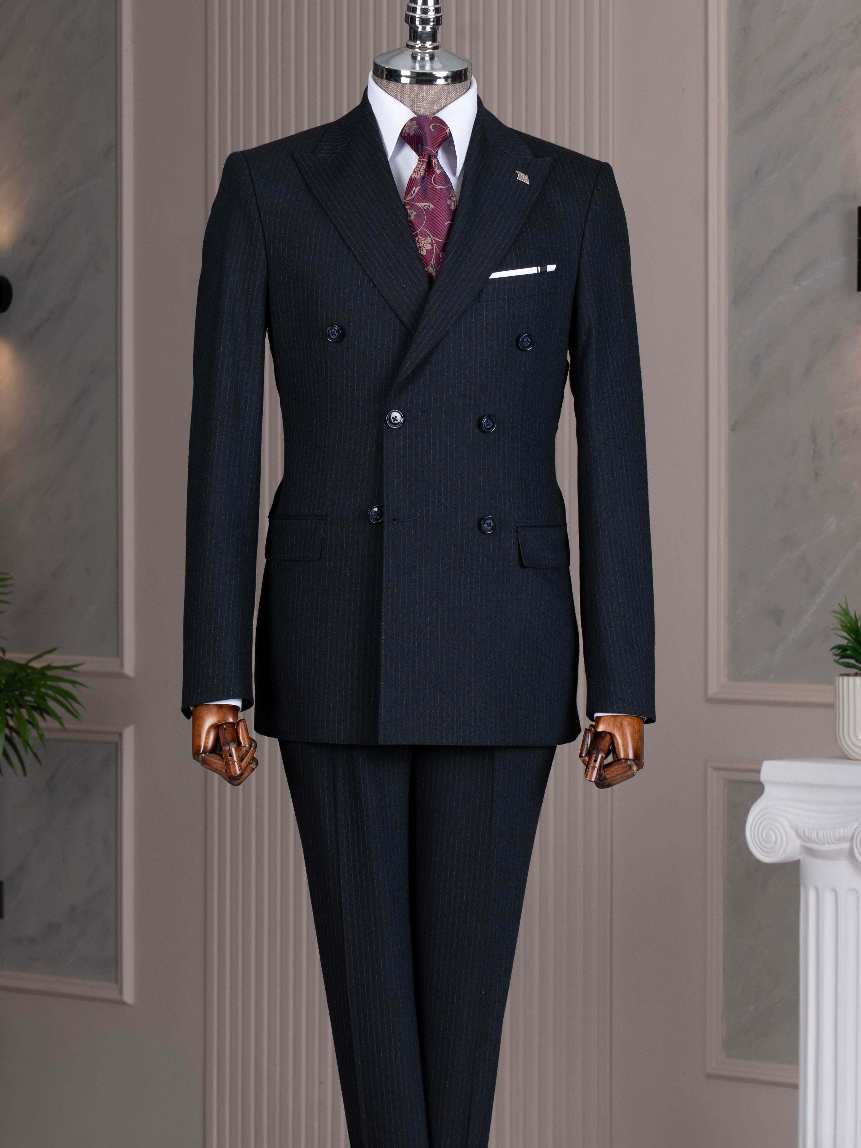 Black Striped Double Breasted Suit 2-Piece