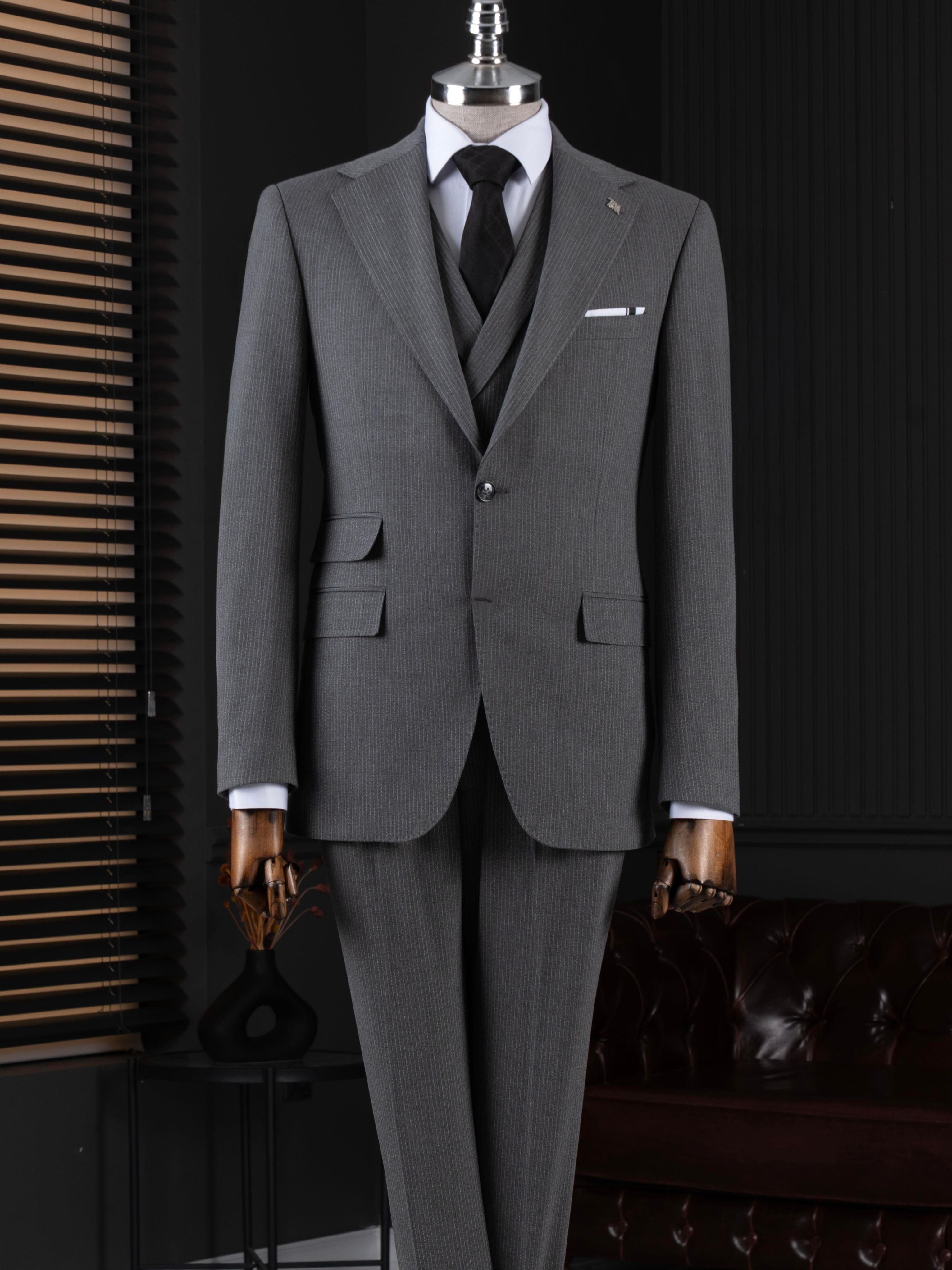 Grey Striped Slim-Fit Suit 3-Piece