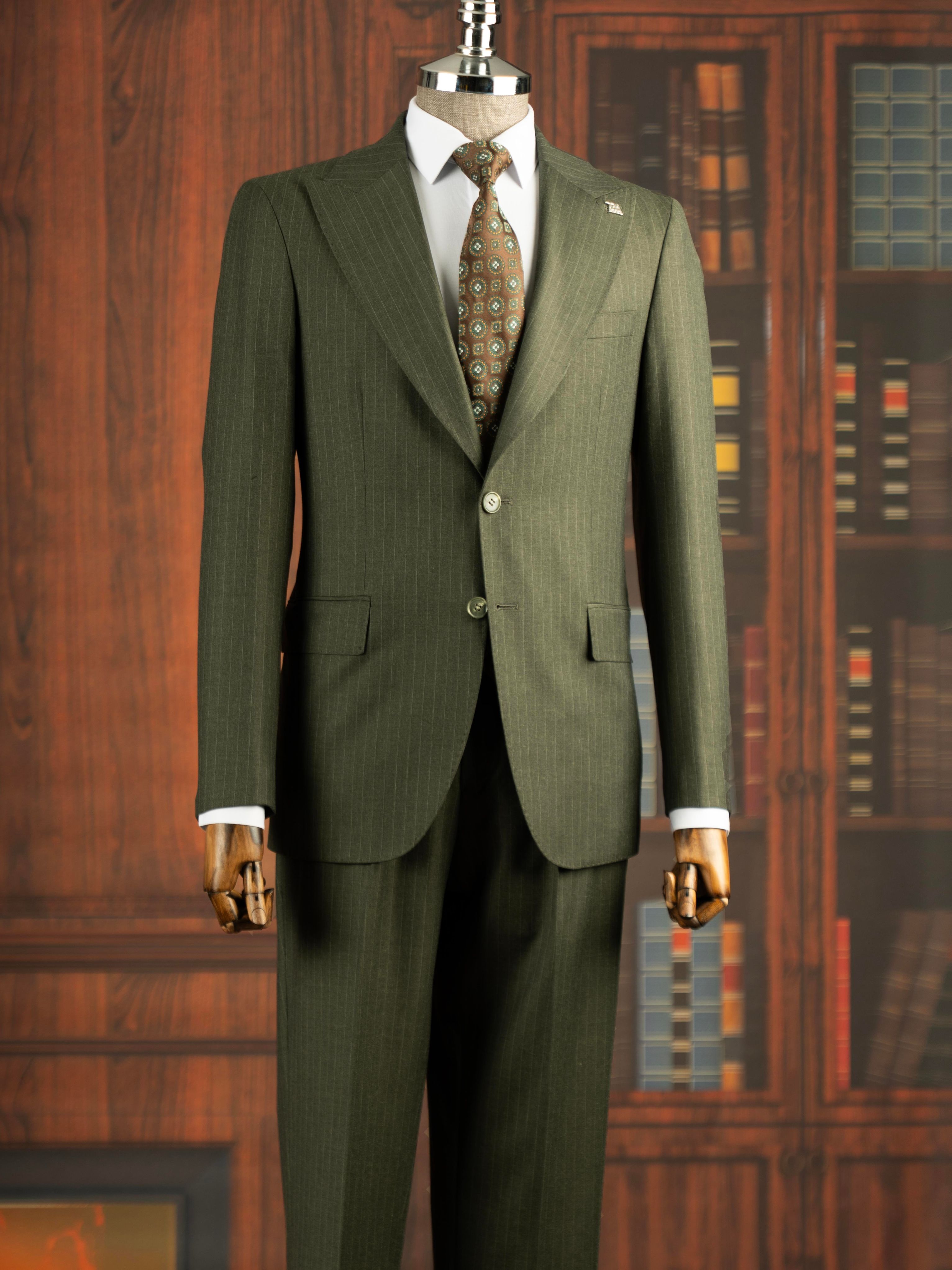 Green Striped Slim-Fit Suit 2-Piece
