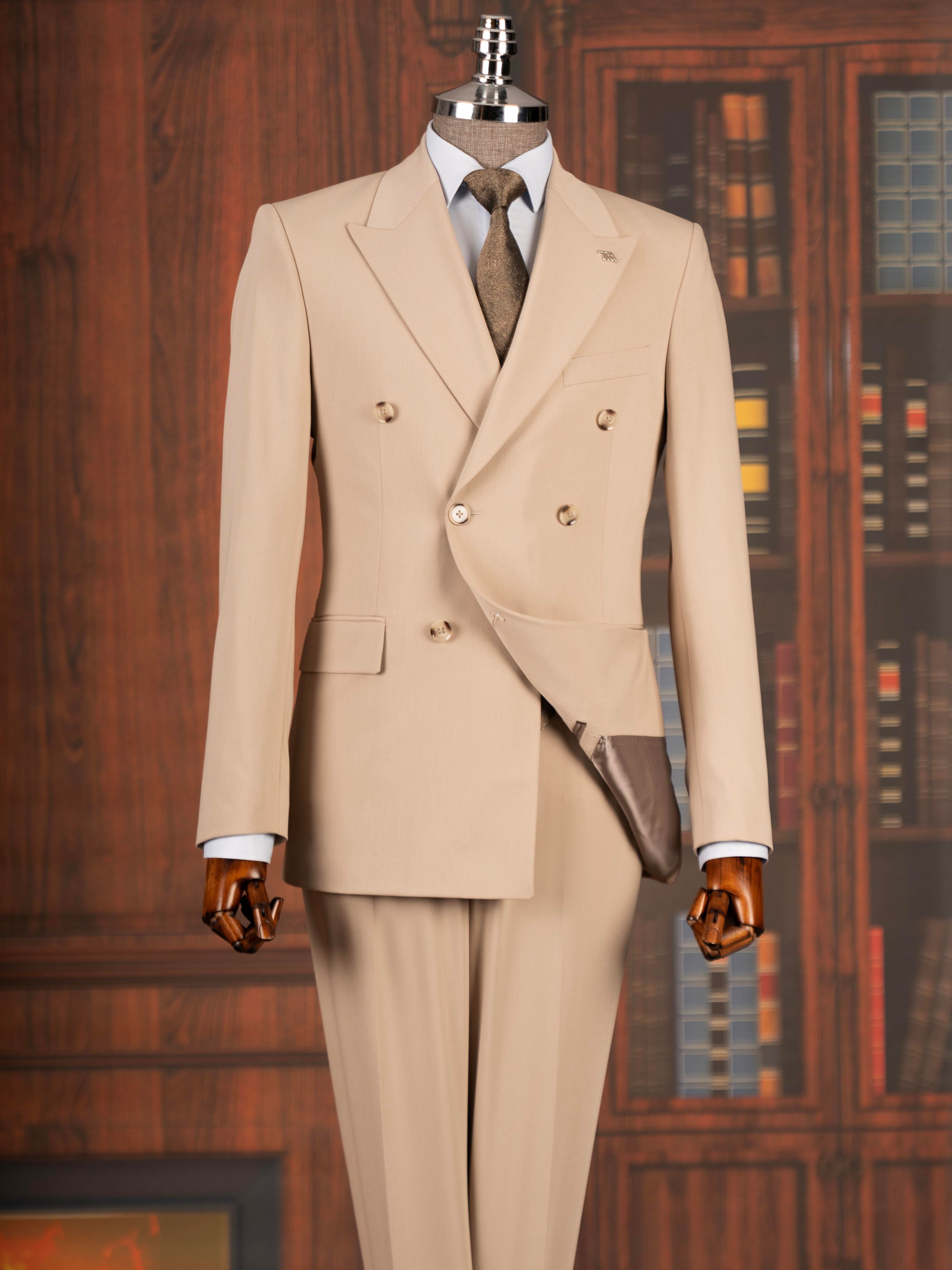 Beige Double Breasted Suit 2-Piece