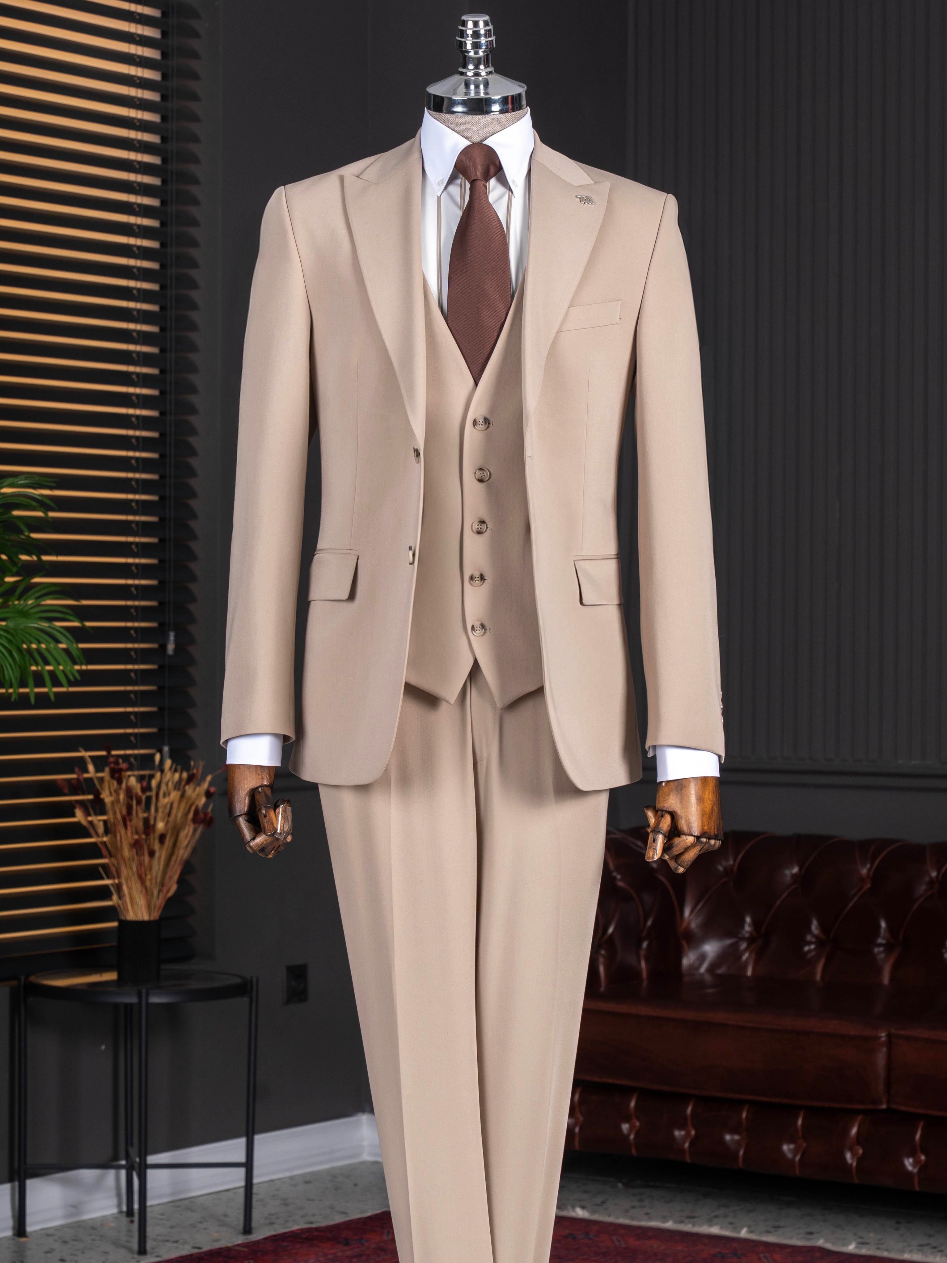 Beige Slim-Fit Suit 3-Piece