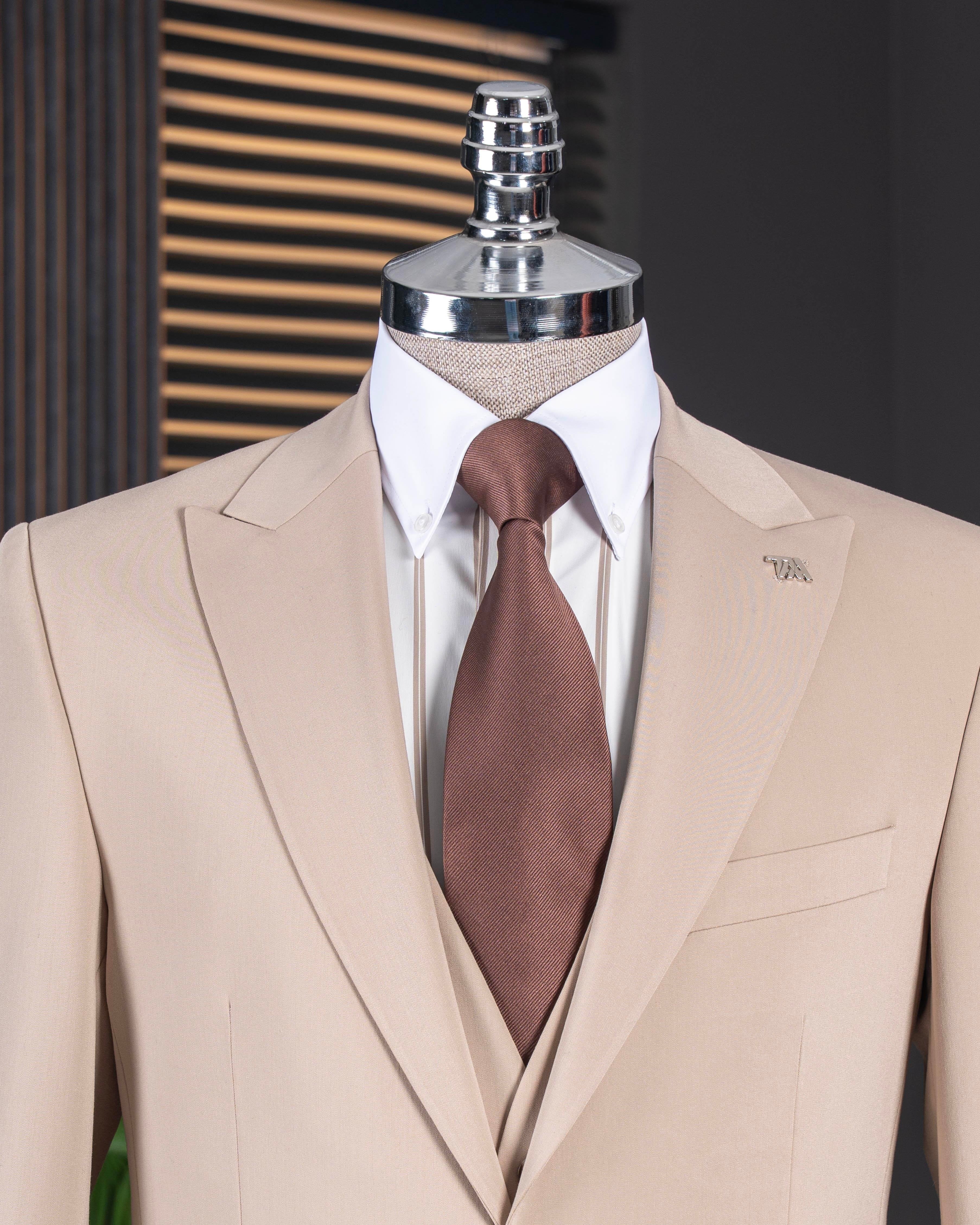 Beige slim-fit single-breasted suit – 3-piece showing jacket drape and fit, side view