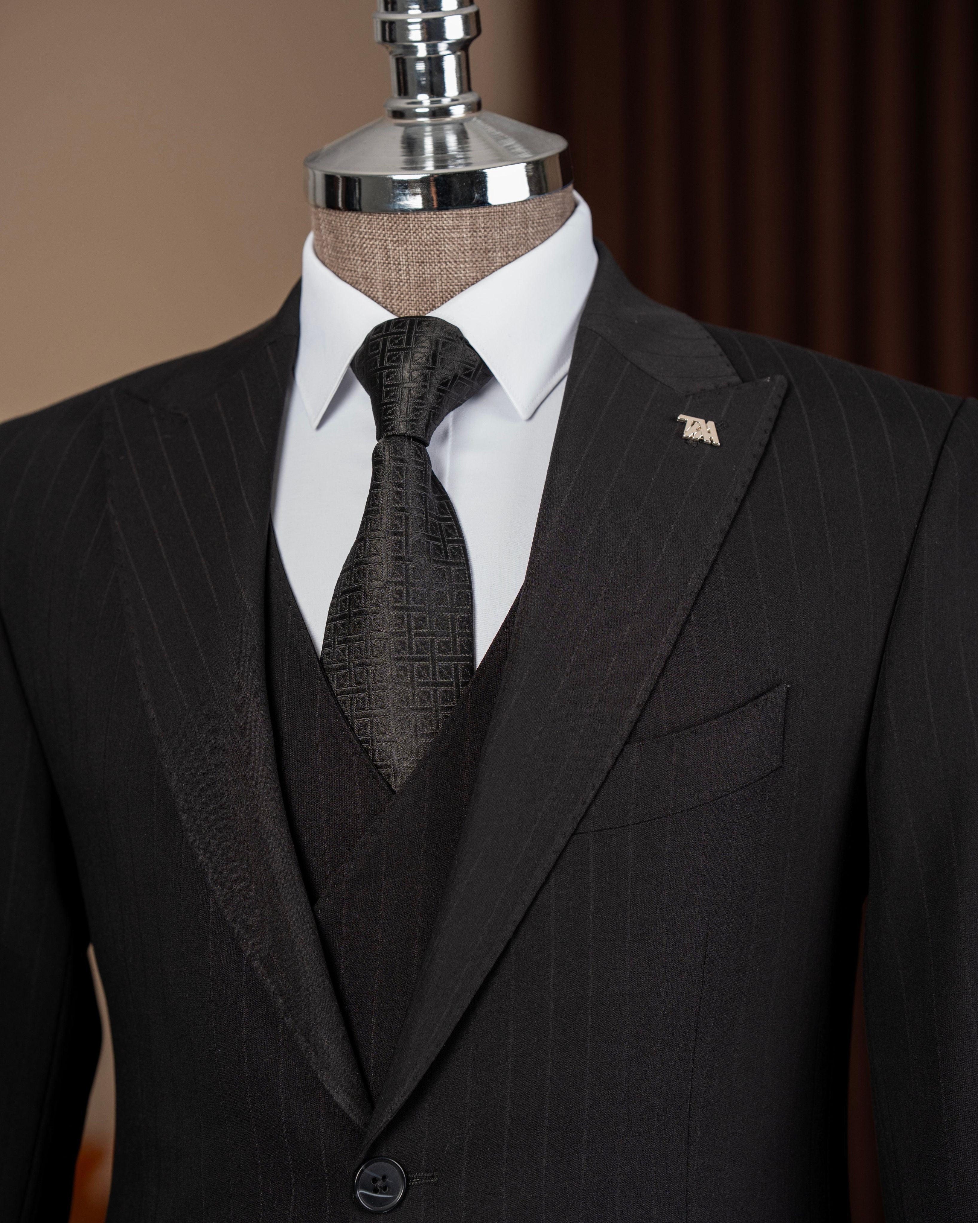 Black Striped Slim-Fit Suit 3-Piece