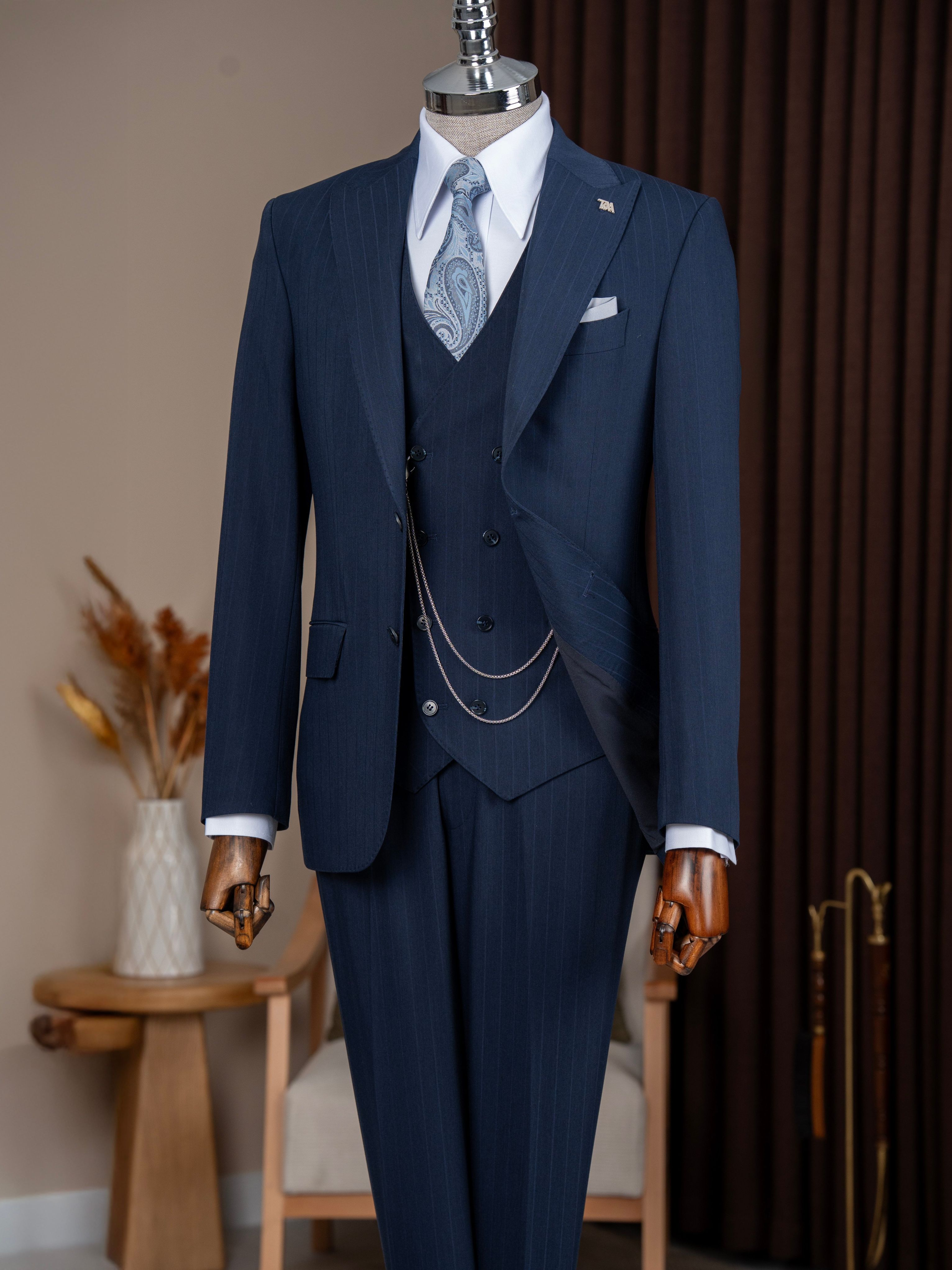 Navy Striped Slim-Fit Suit 3-Piece