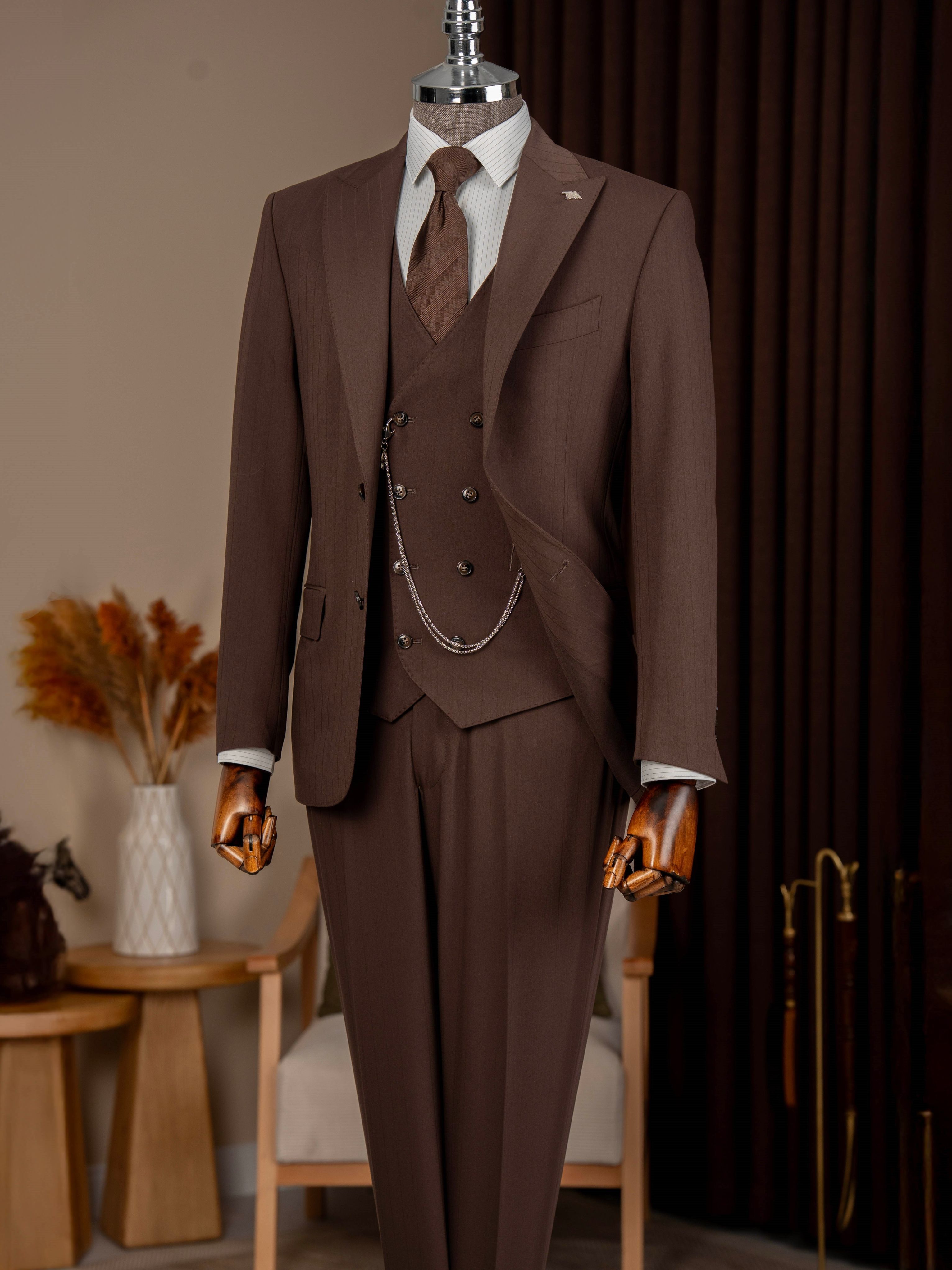 Brown Striped Slim-Fit Suit 3-Piece
