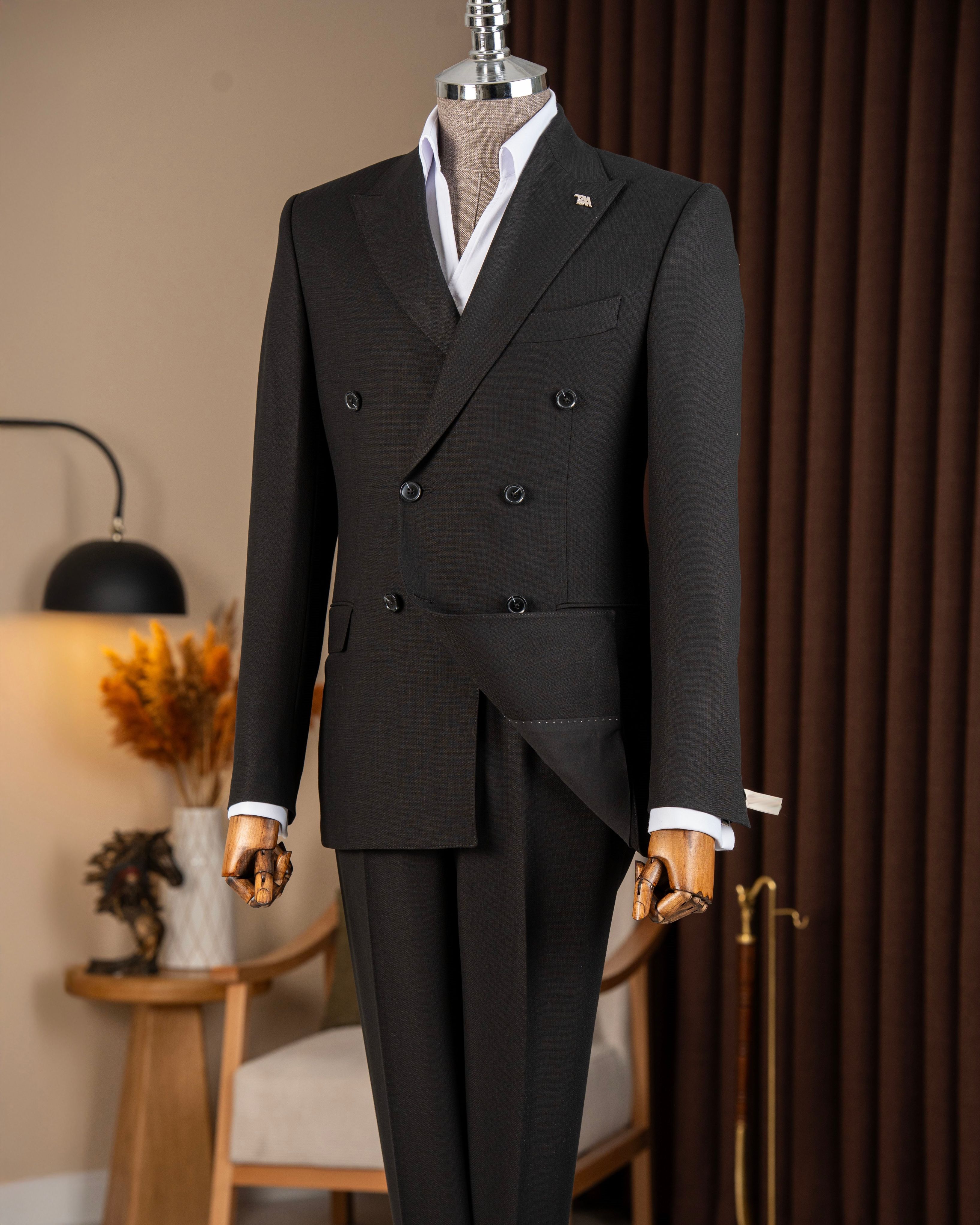 Black double-breasted suit – two-piece with structured back and center vent, rear view