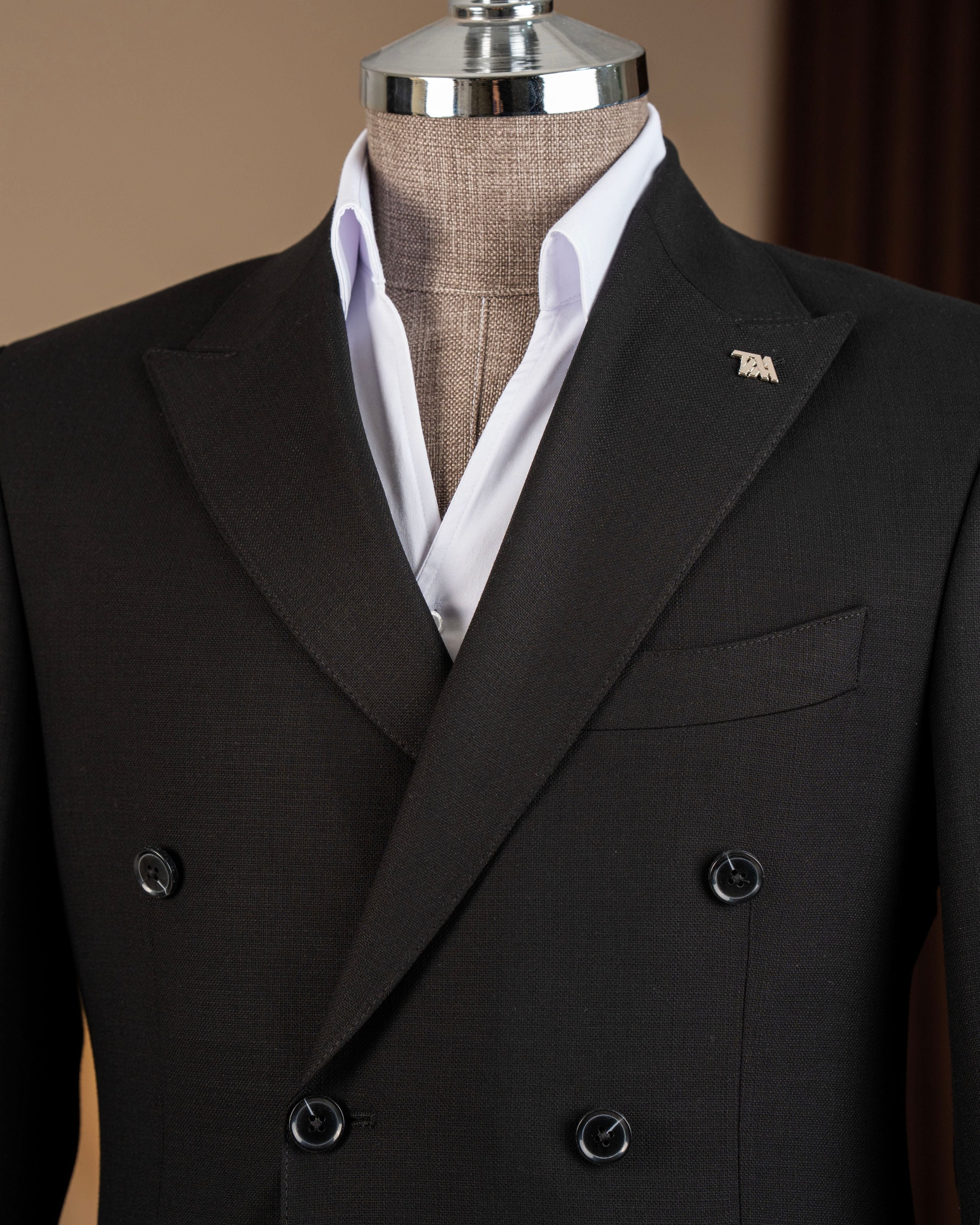 Black double-breasted suit – two-piece showing jacket drape and trouser line, side view