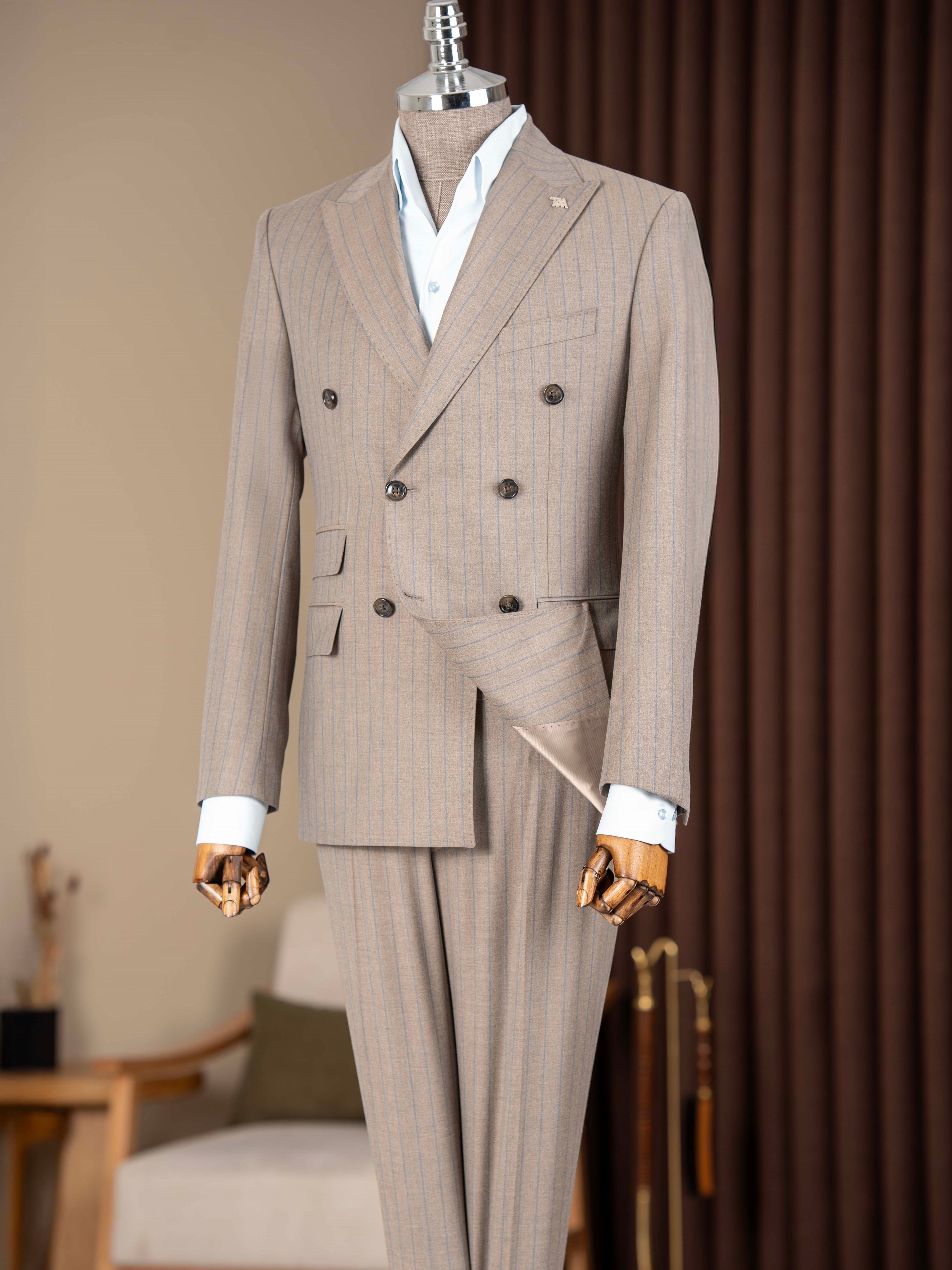 Beige Striped Double Breasted Suit 2-Piece