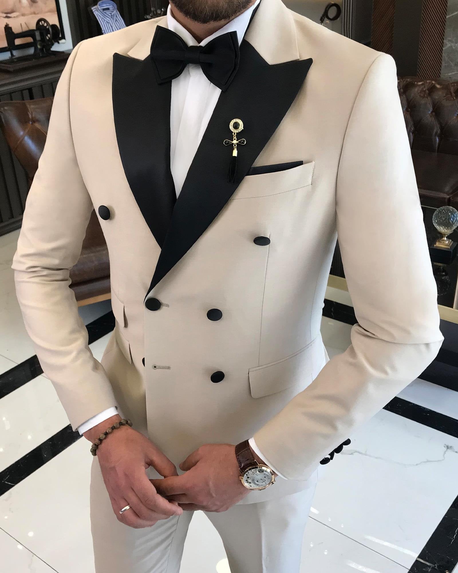 Beige Double Breasted Tuxedo 2-Piece