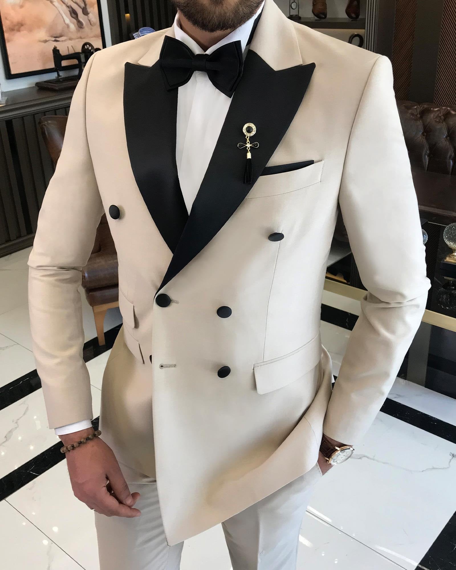 Beige Double Breasted Tuxedo 2-Piece