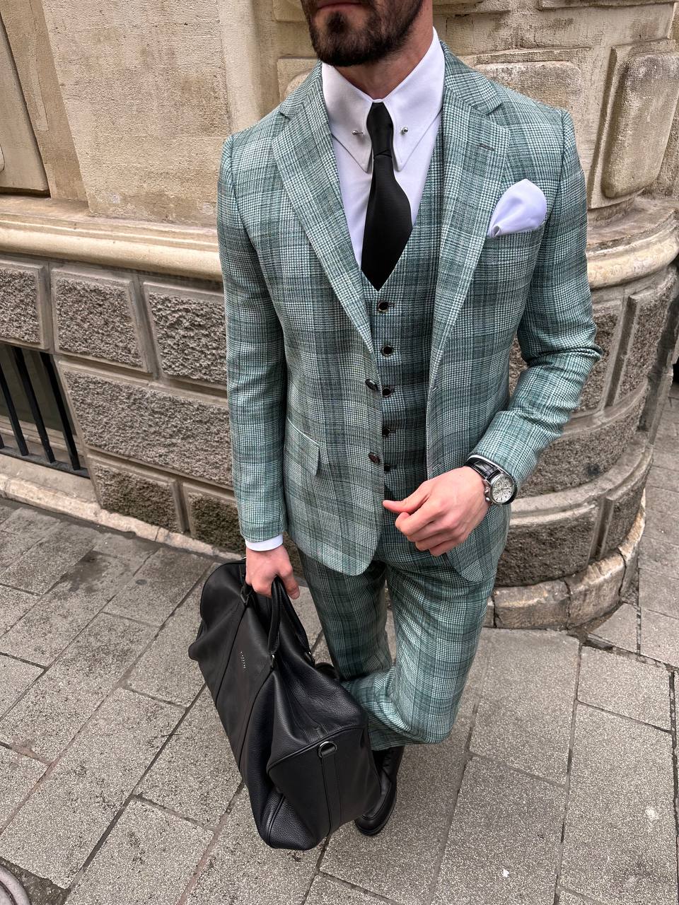 Green Plaid Slim-Fit Suit 3-Piece