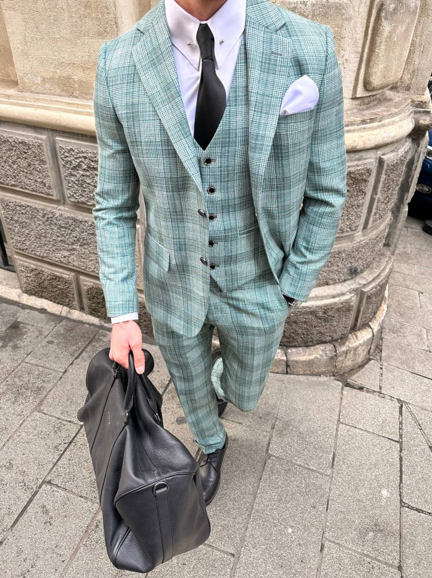 Green Plaid Slim-Fit Suit 3-Piece