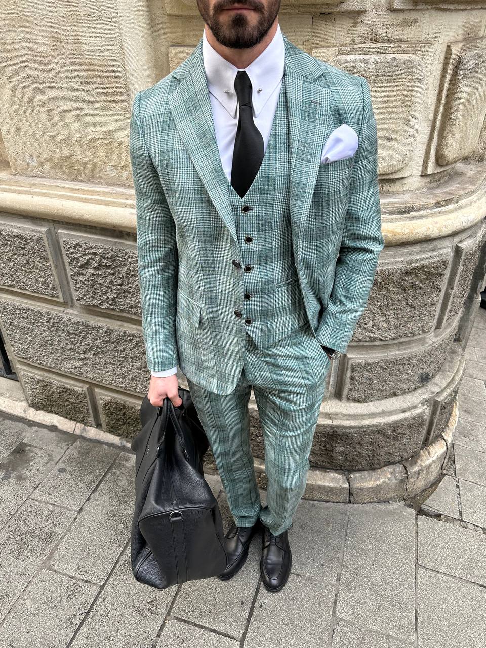 Green Plaid Slim-Fit Suit 3-Piece