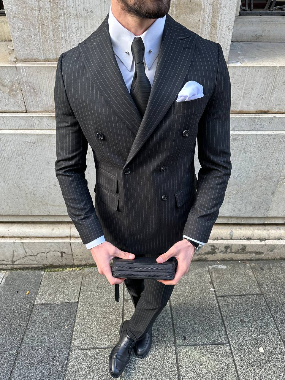 Black Striped Double Breasted Suit 2-Piece